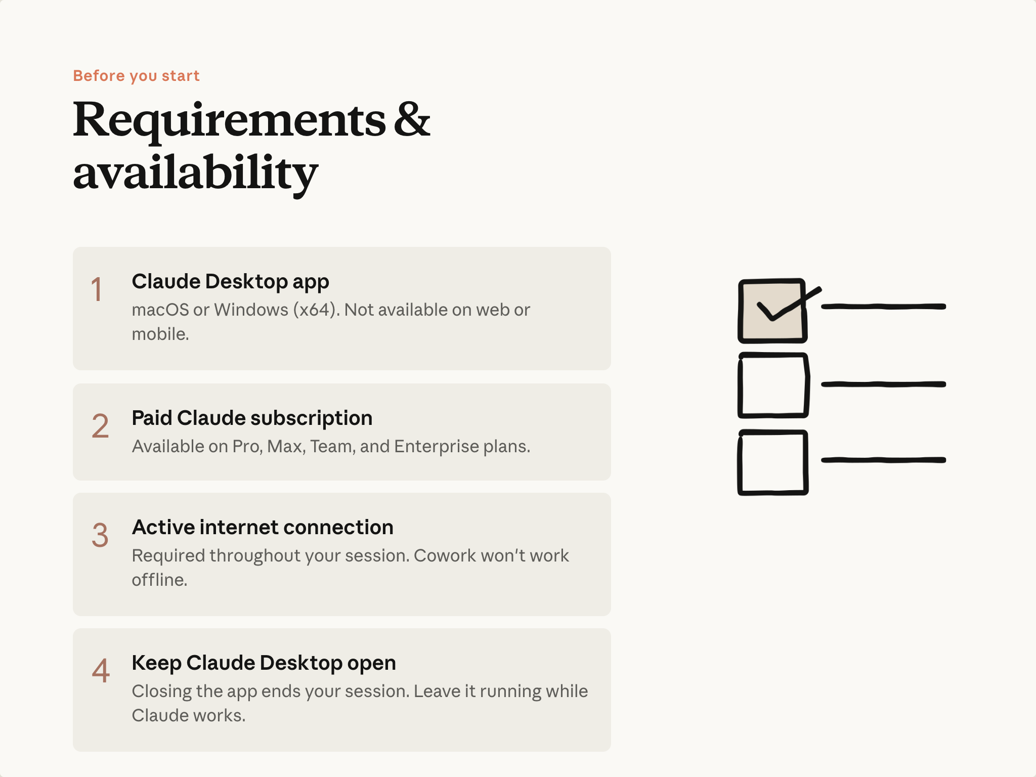 Cowork requirements: Desktop app, paid subscription, internet, keep app open