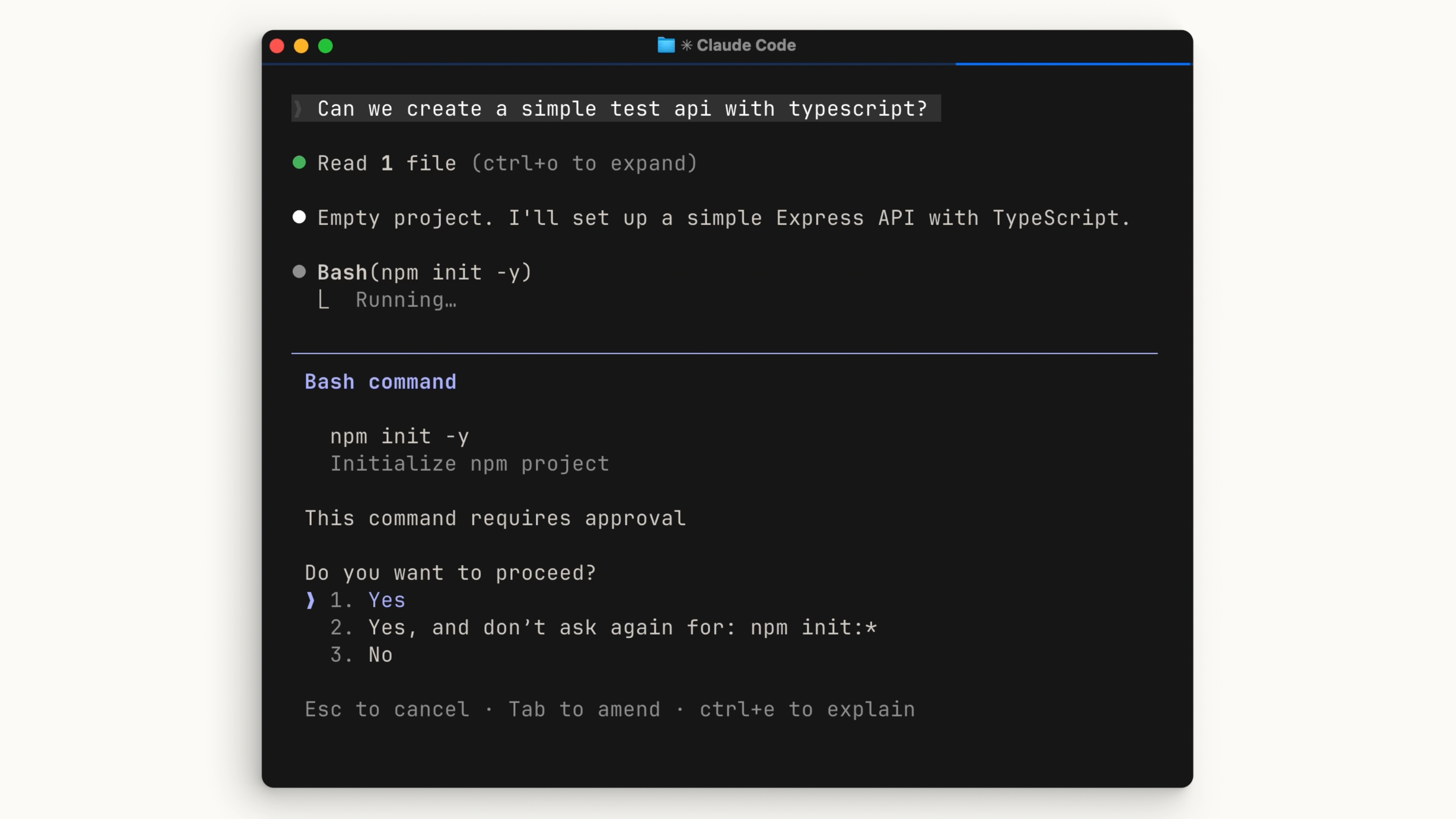 Claude Code asking for permission before running a bash command