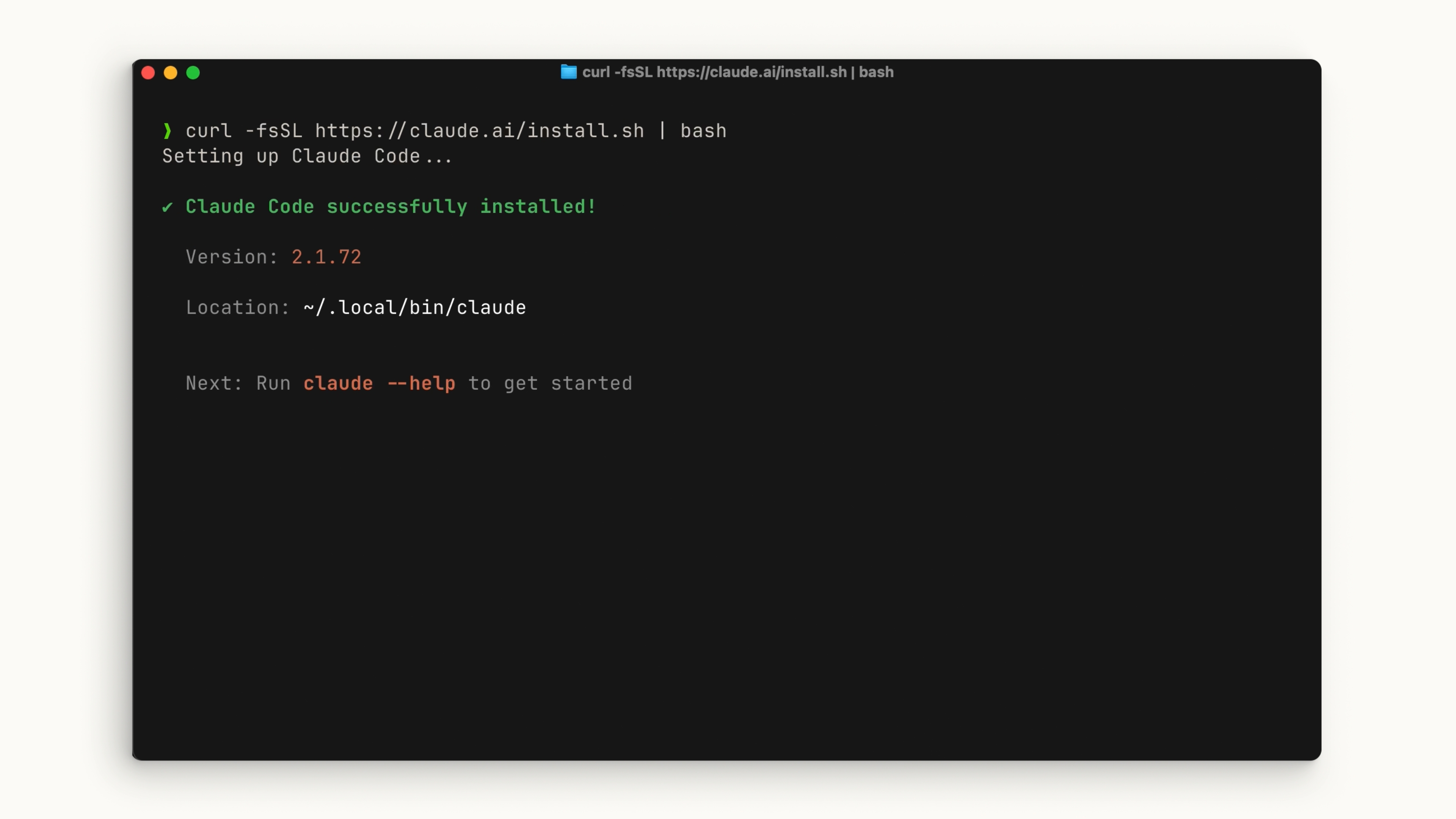 Terminal showing Claude Code successfully installed via curl