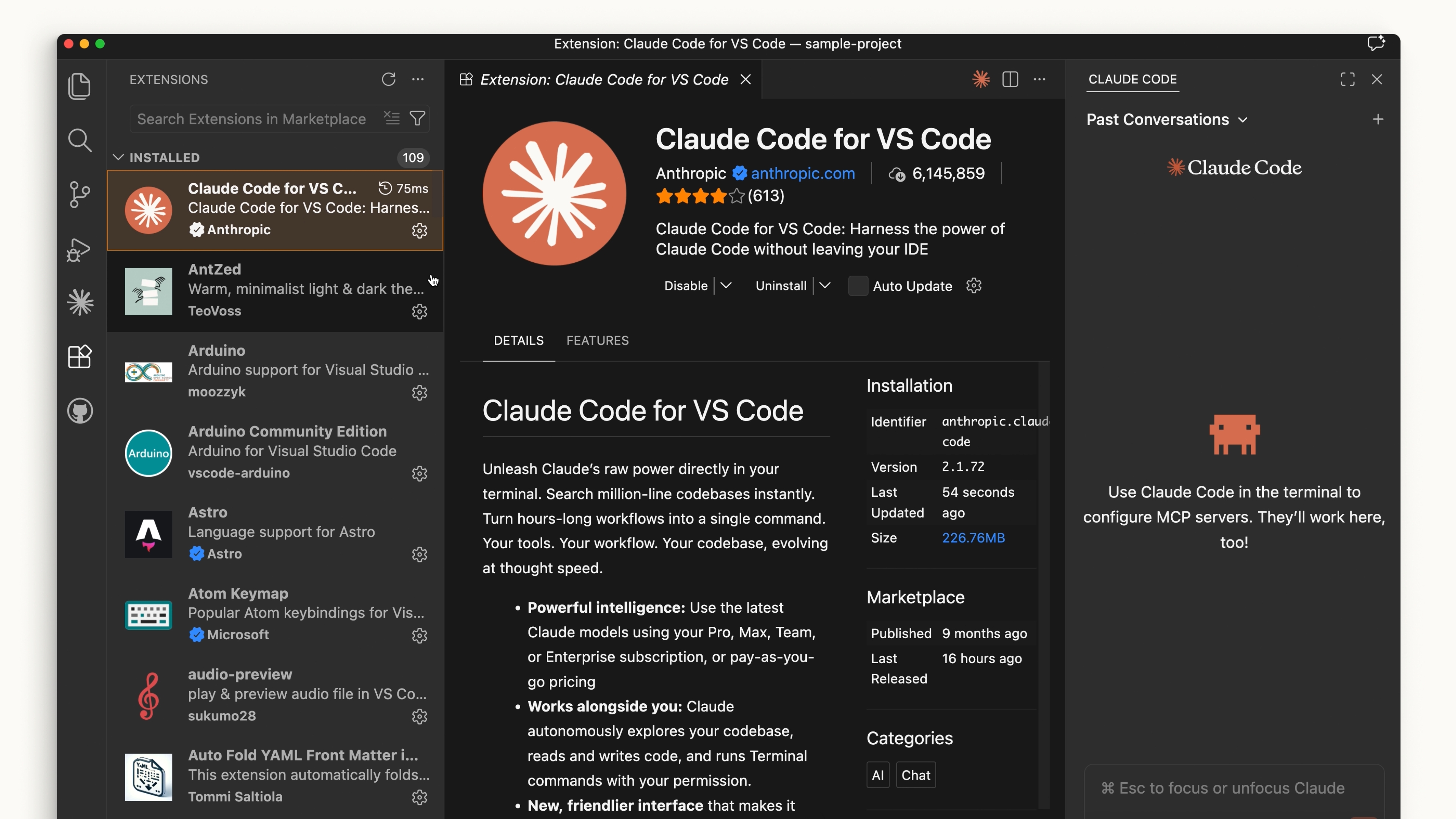 Claude Code extension page in VS Code marketplace