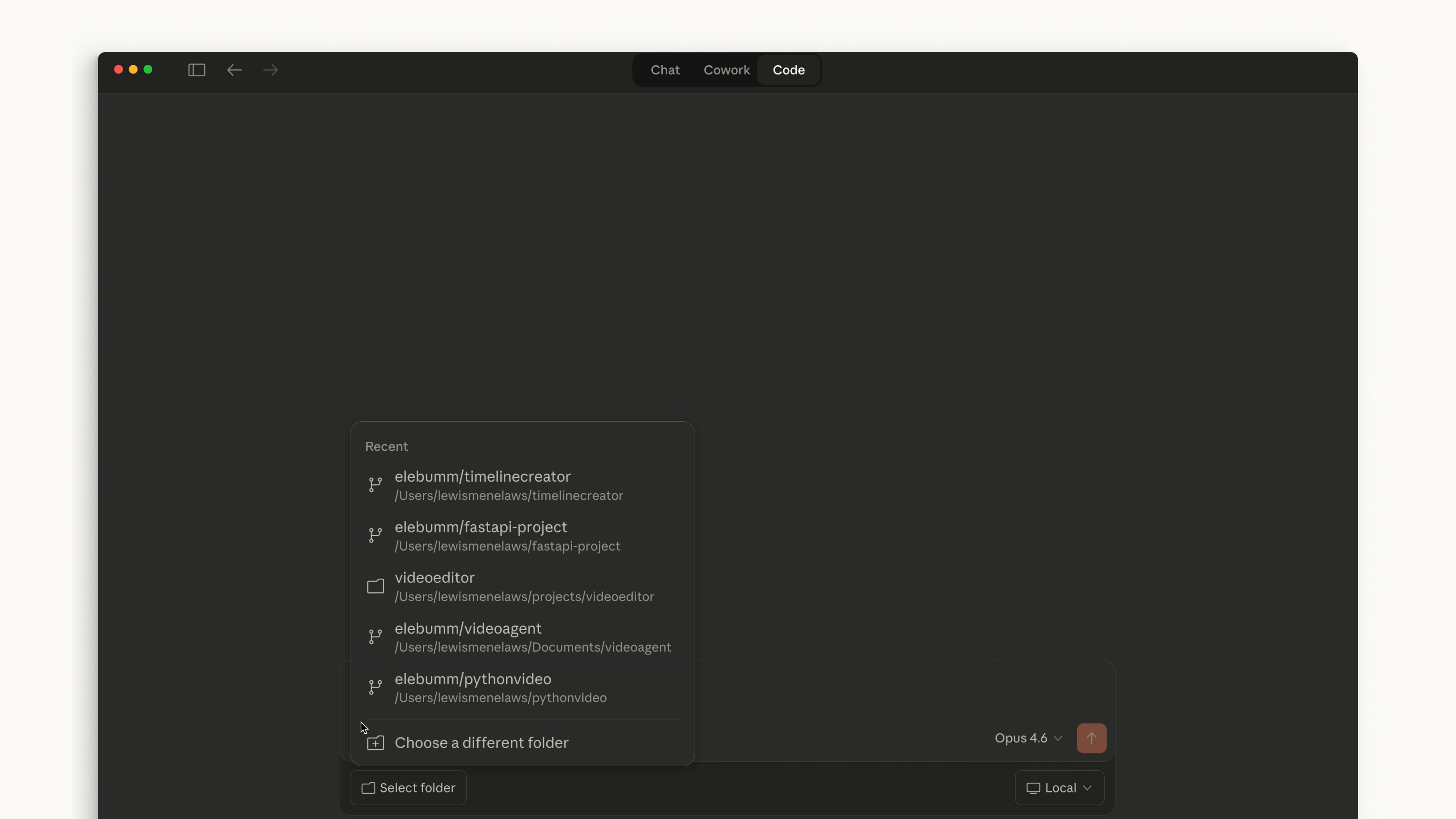 Claude Desktop Code view showing recent project folders