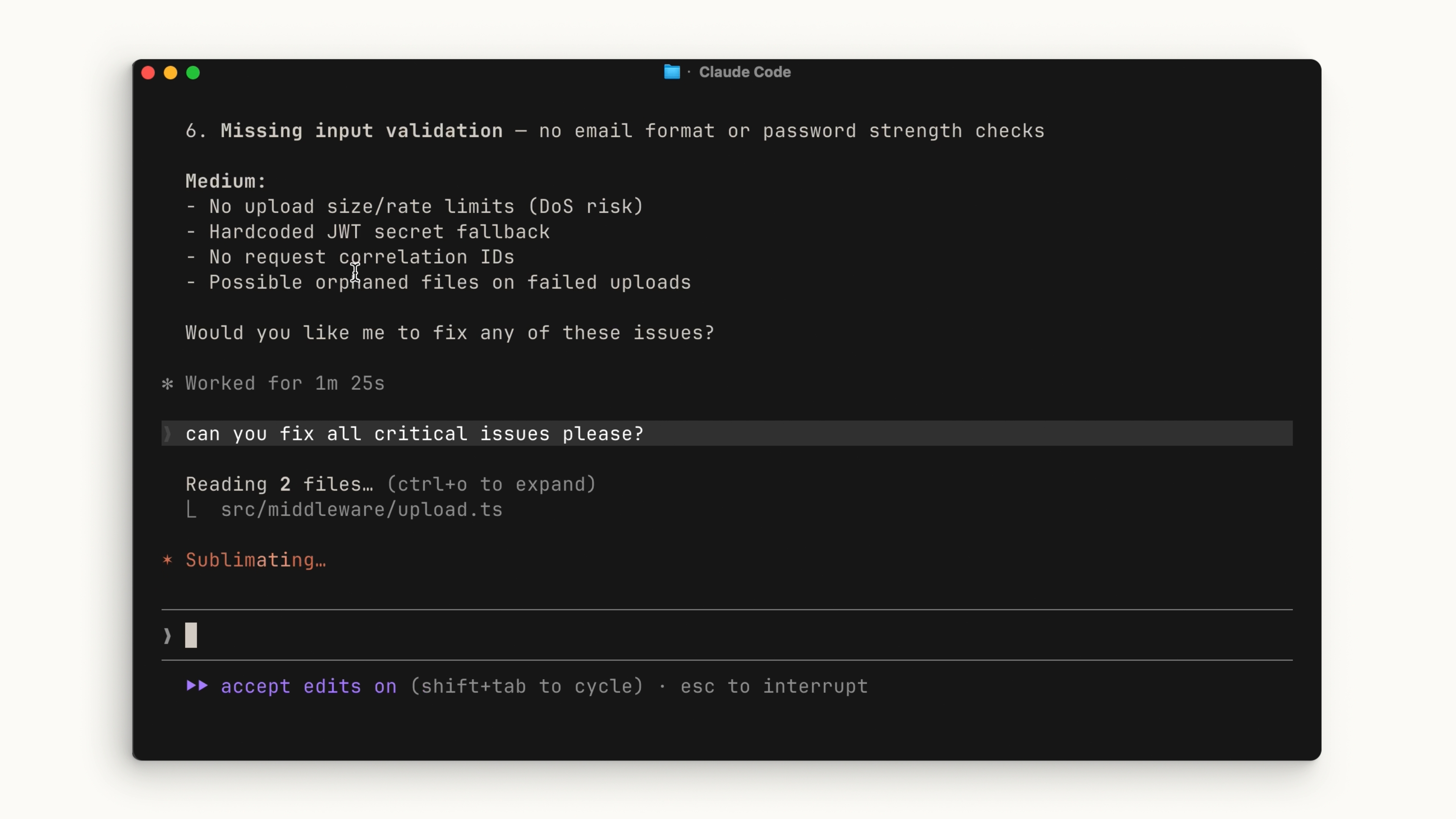 Claude Code in auto-accept mode, reading files and working through a task