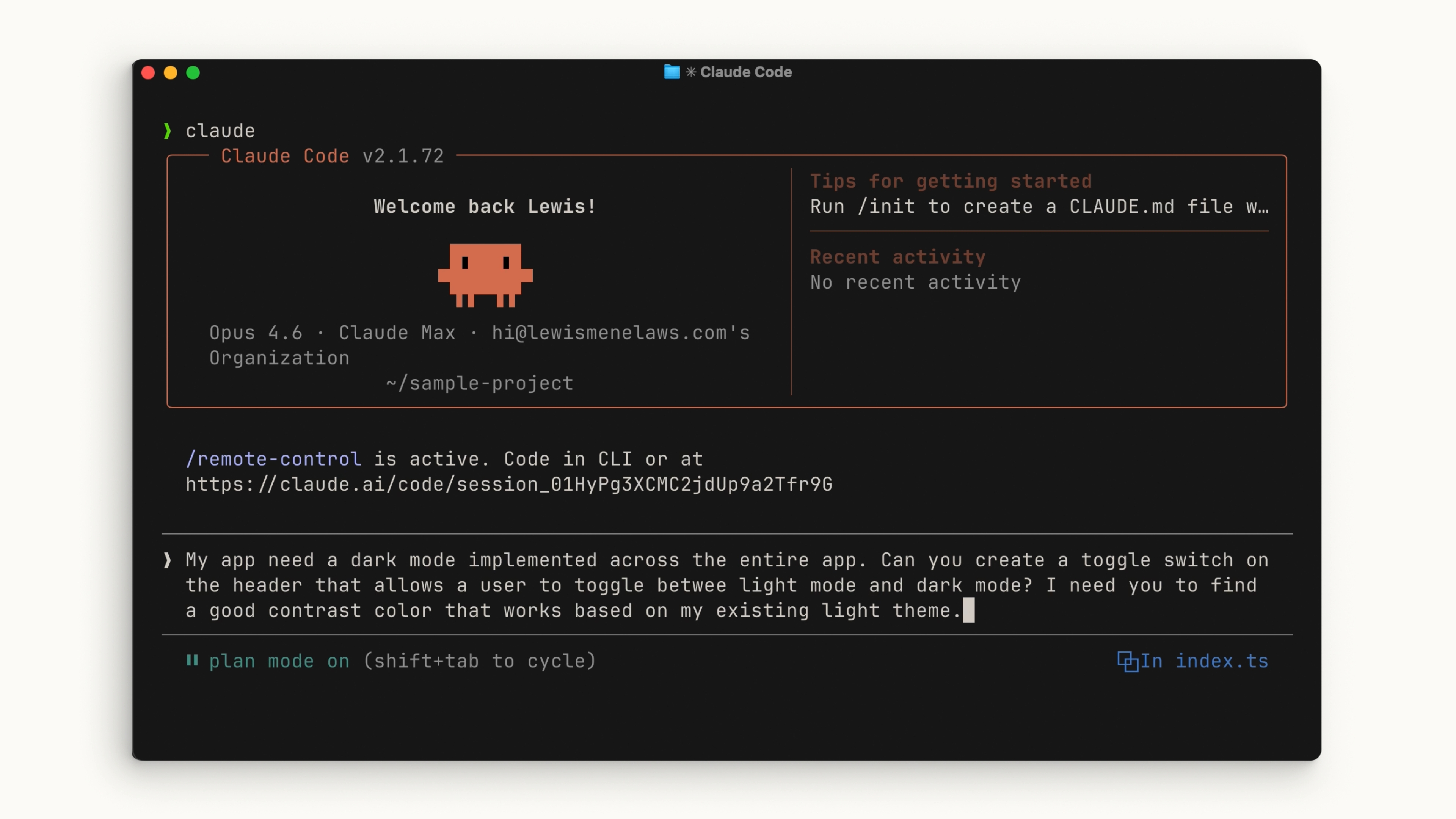 Entering the dark mode prompt in Claude Code with plan mode enabled