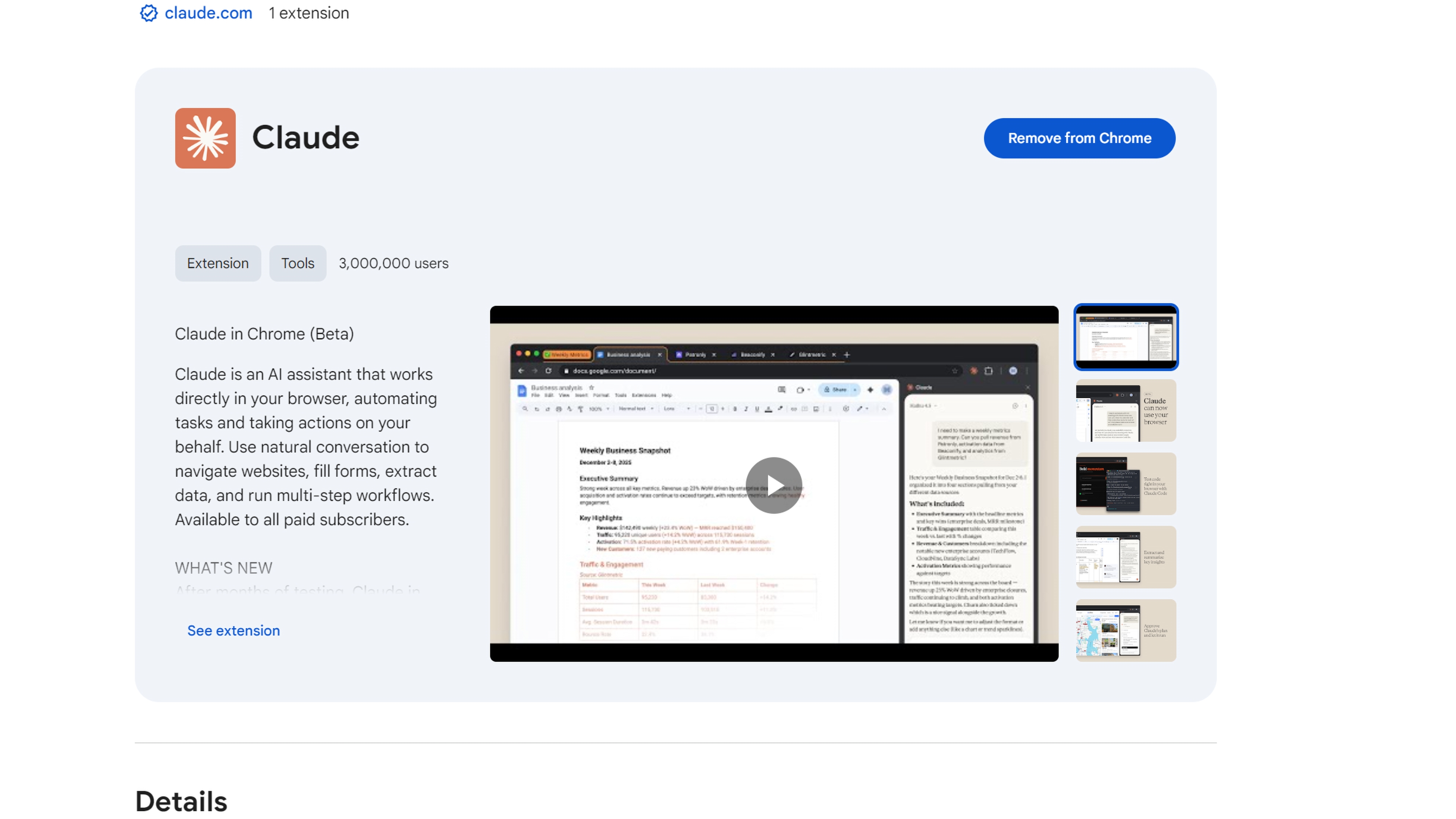 The Claude in Chrome extension page in the Chrome Web Store