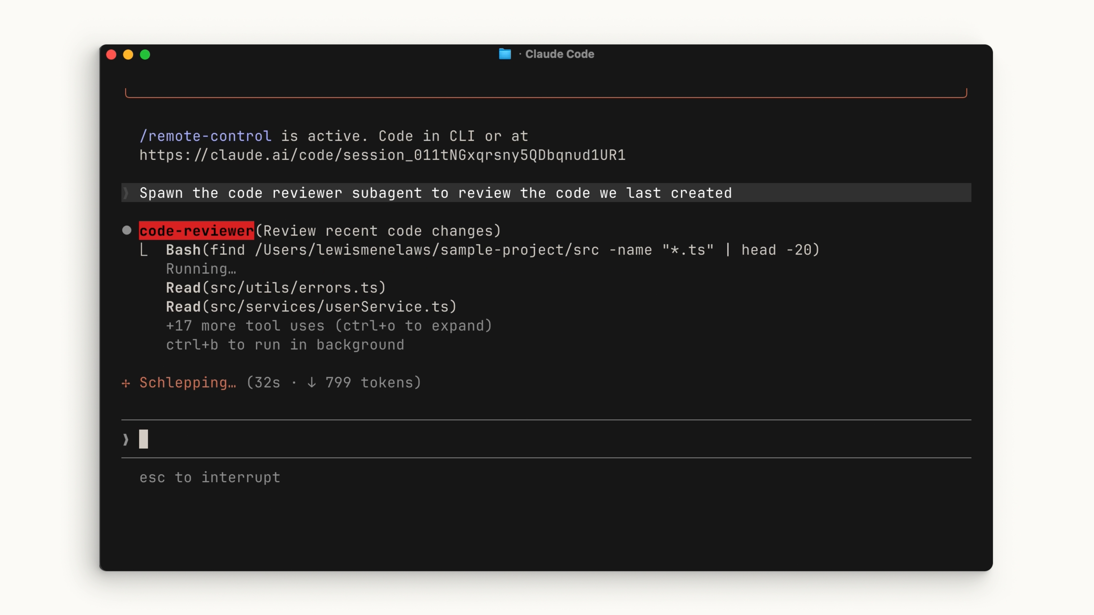 A code-reviewer subagent running in Claude Code, reading files and reviewing recent changes