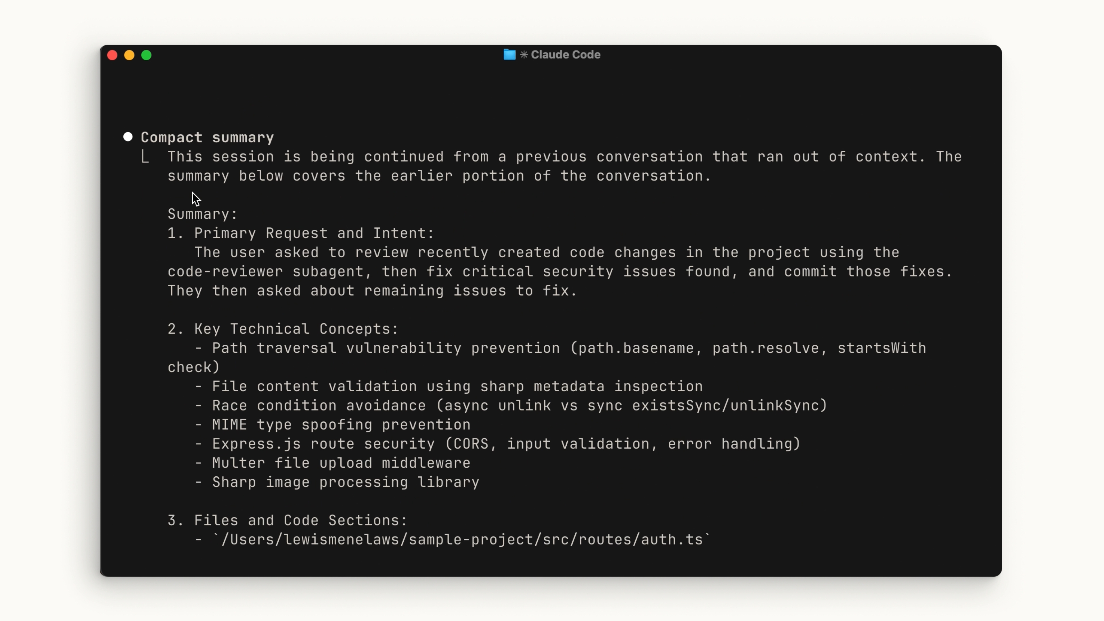 Claude Code displaying a compact summary of the previous conversation including key technical concepts and files
