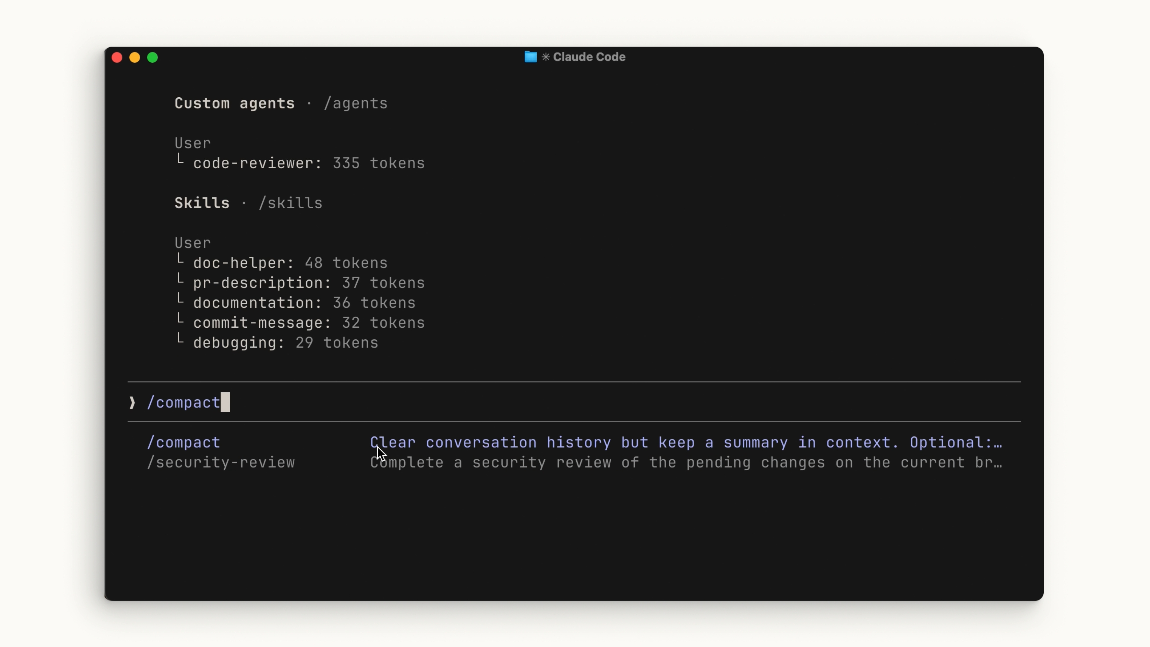 The /compact command in Claude Code's autocomplete menu