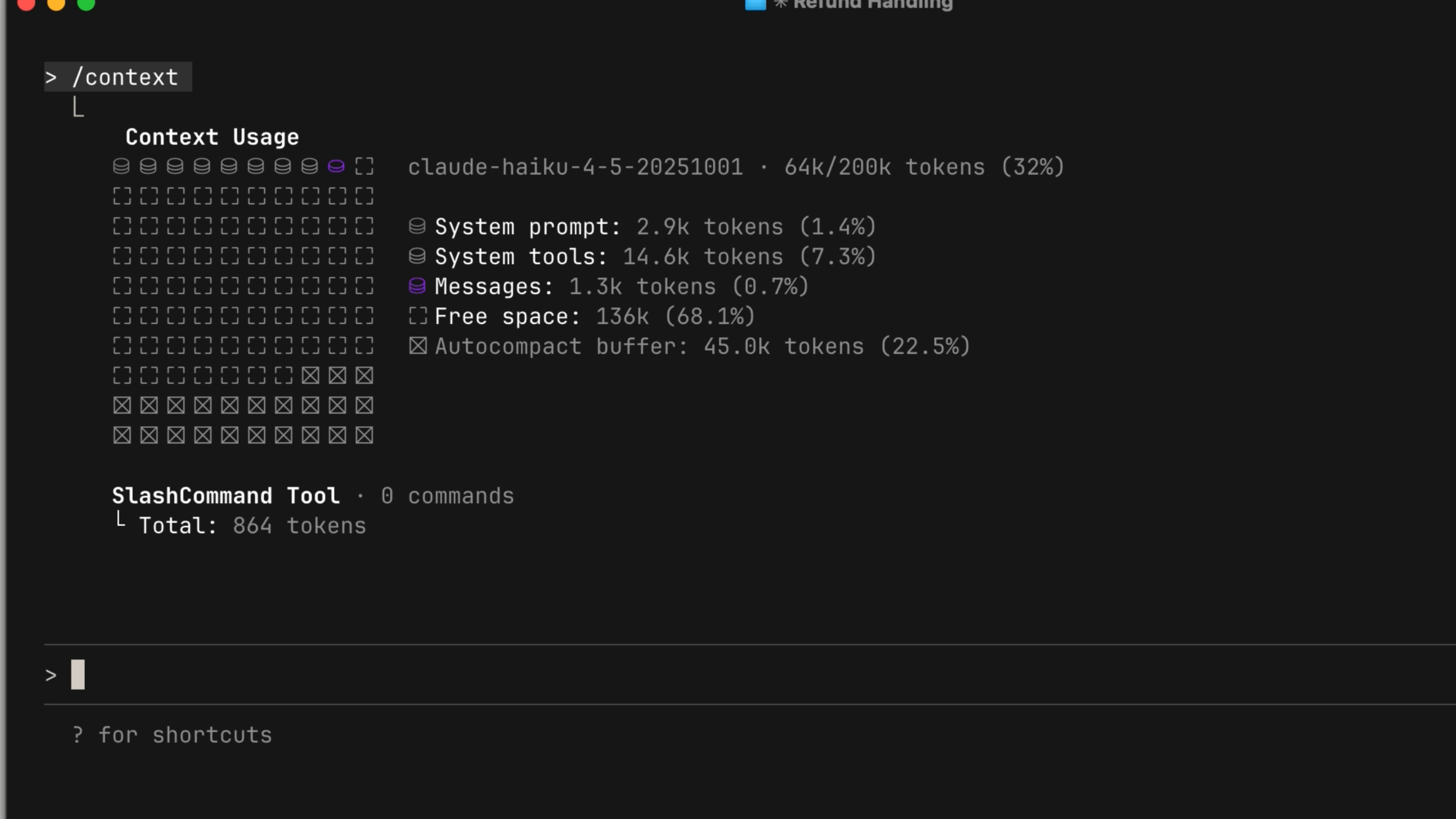 Output of the /context command showing context usage breakdown with a visual bar chart