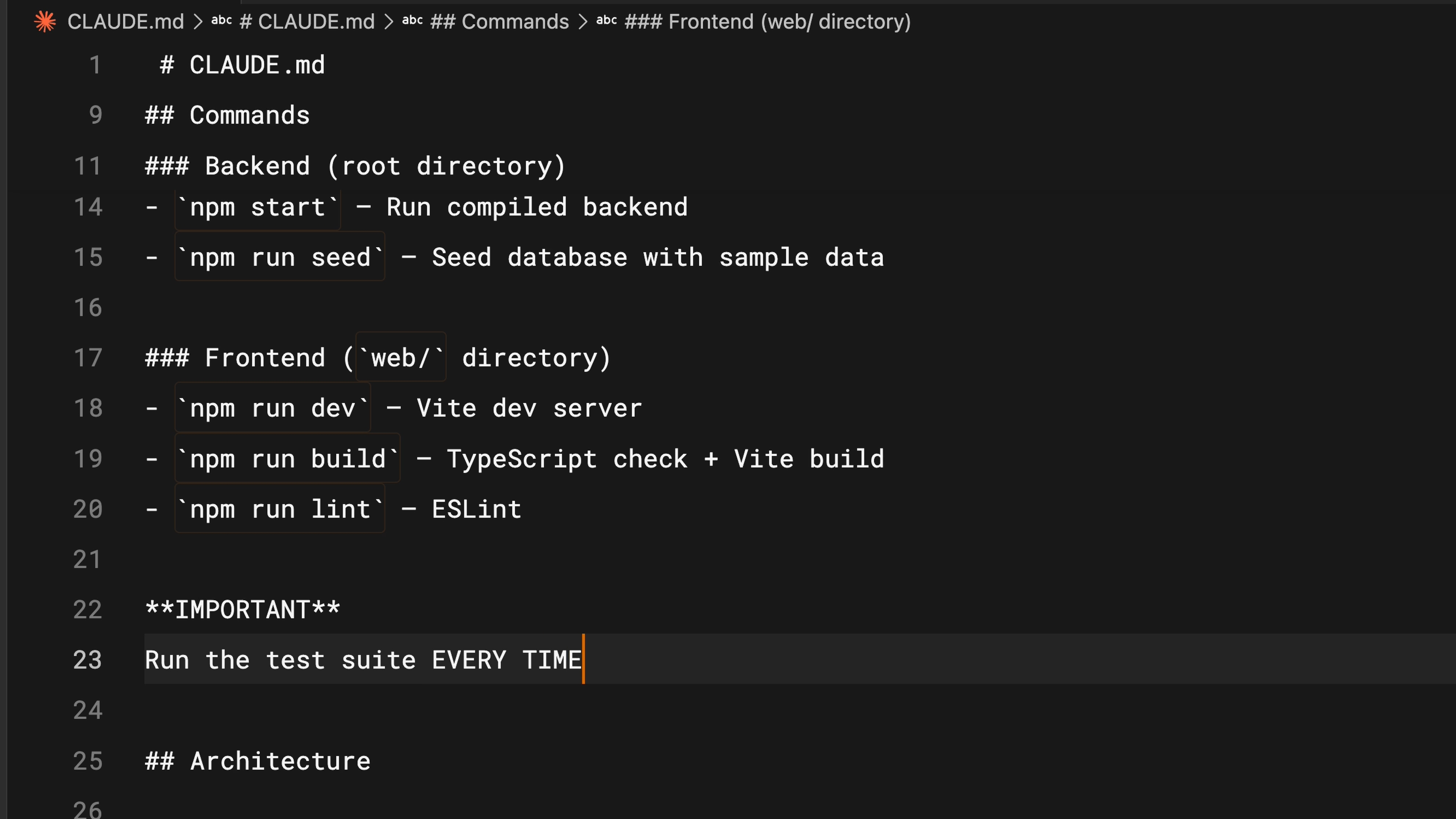 A CLAUDE.md file with commands, important notes, and architecture sections