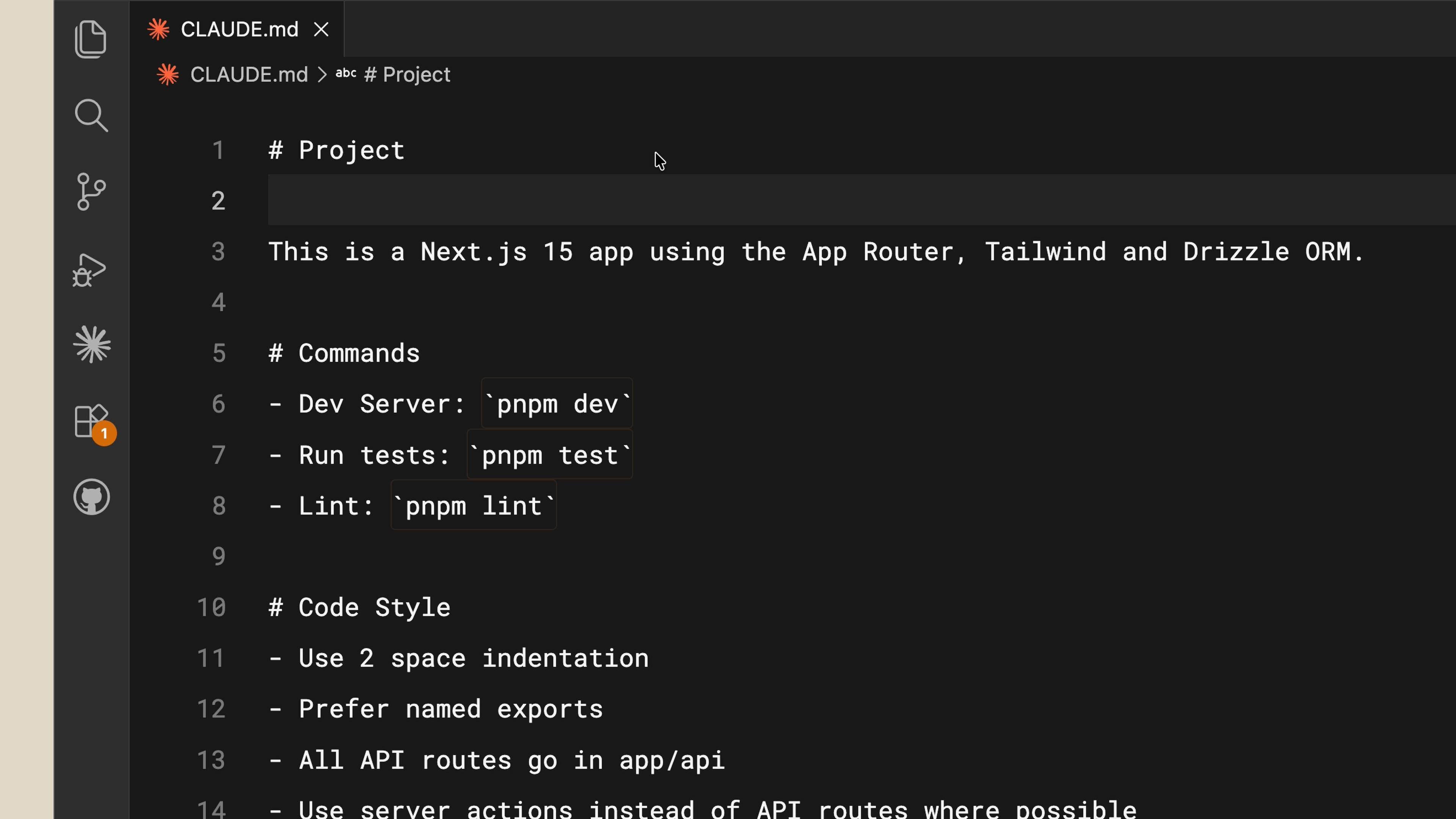 A CLAUDE.md file open in VS Code showing project info, commands, and code style rules