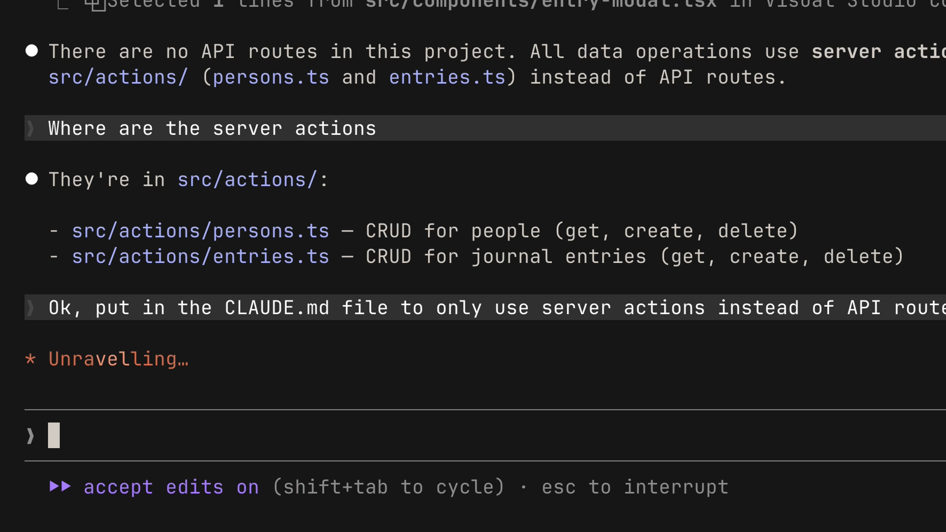 Asking Claude to save a rule to the CLAUDE.md file — always use server actions instead of API routes