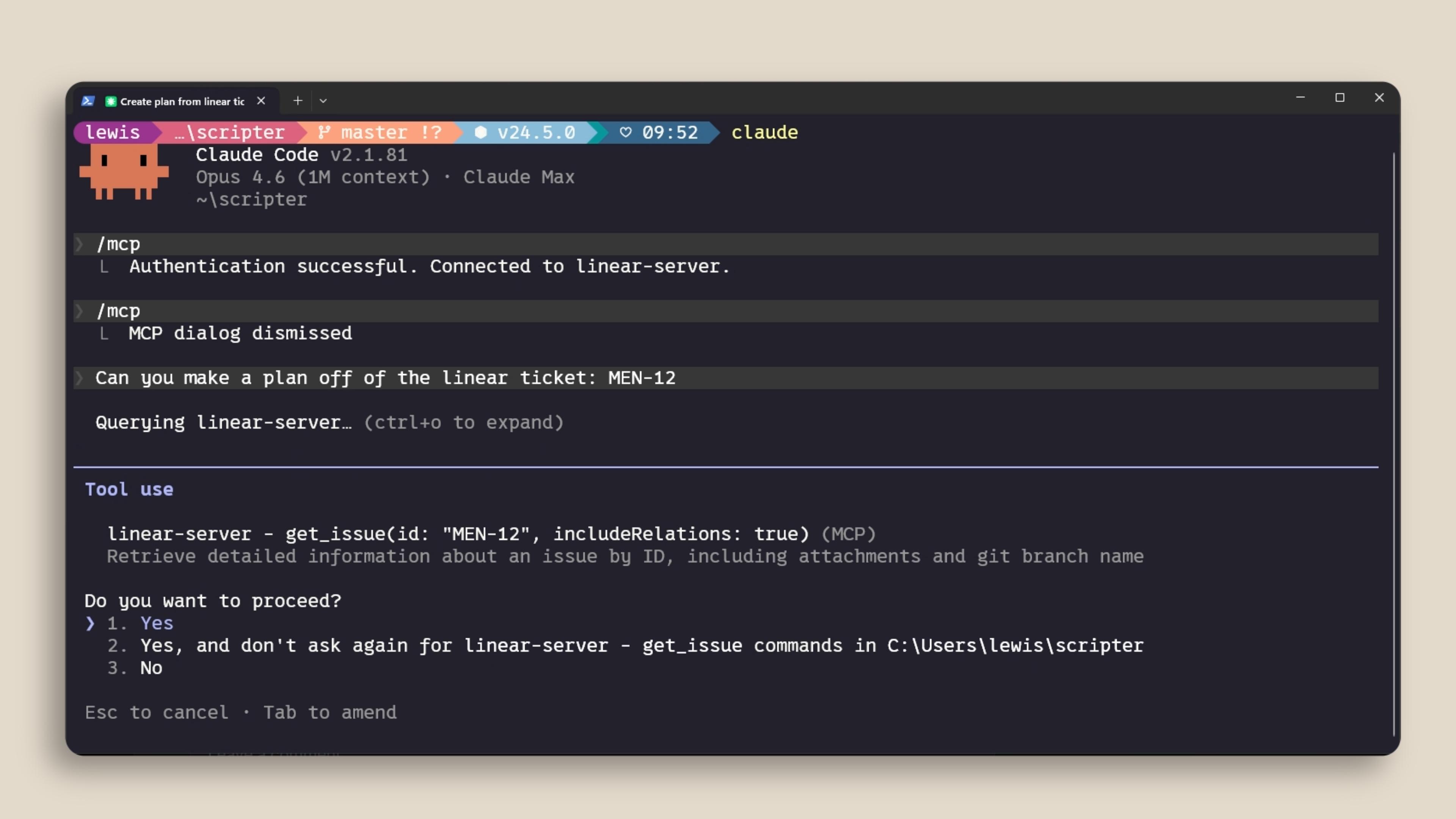 Claude Code querying a Linear MCP server to retrieve issue details for ticket MEN-12