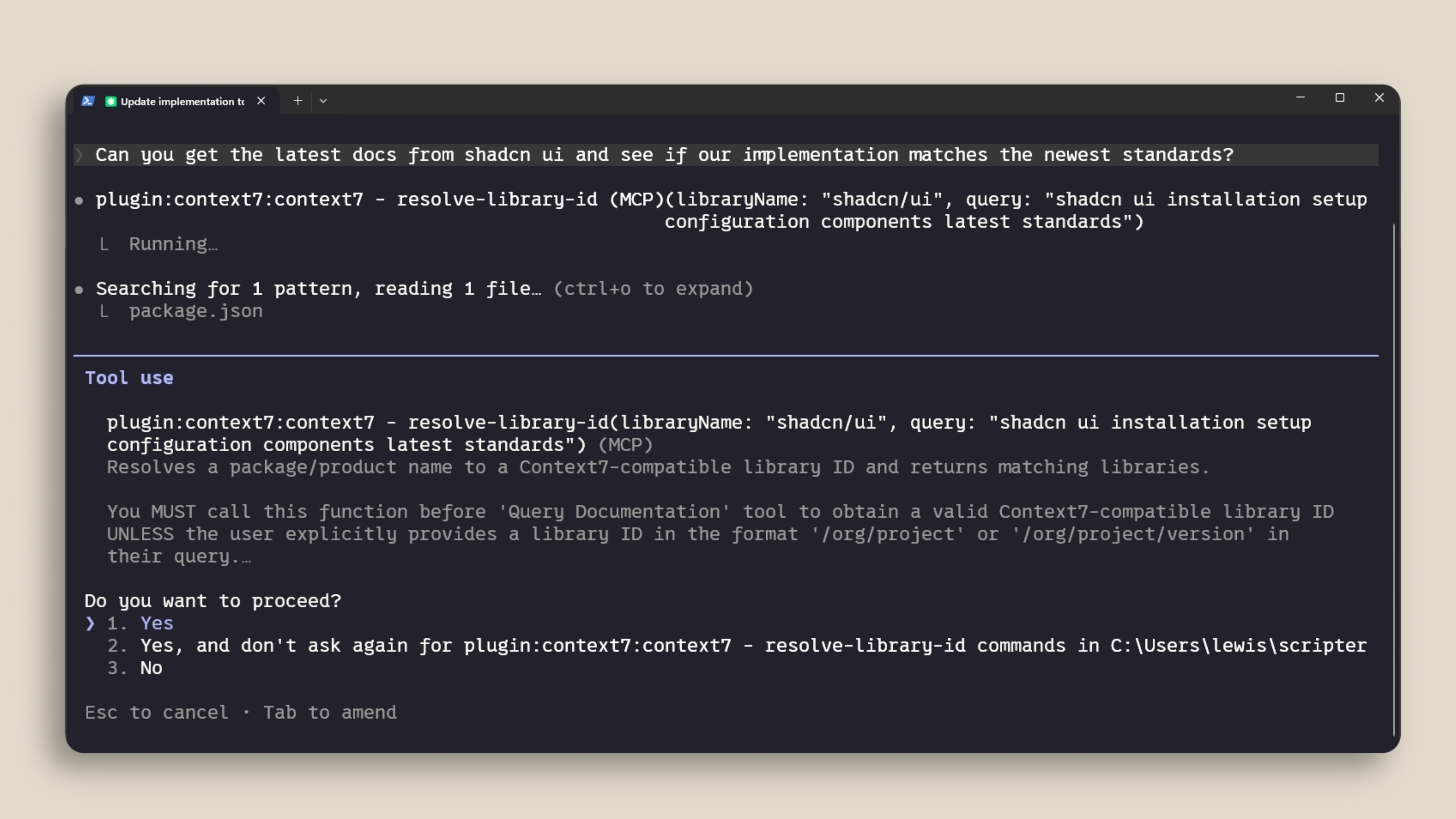 Claude Code using the Context7 MCP server to look up the latest shadcn/ui documentation