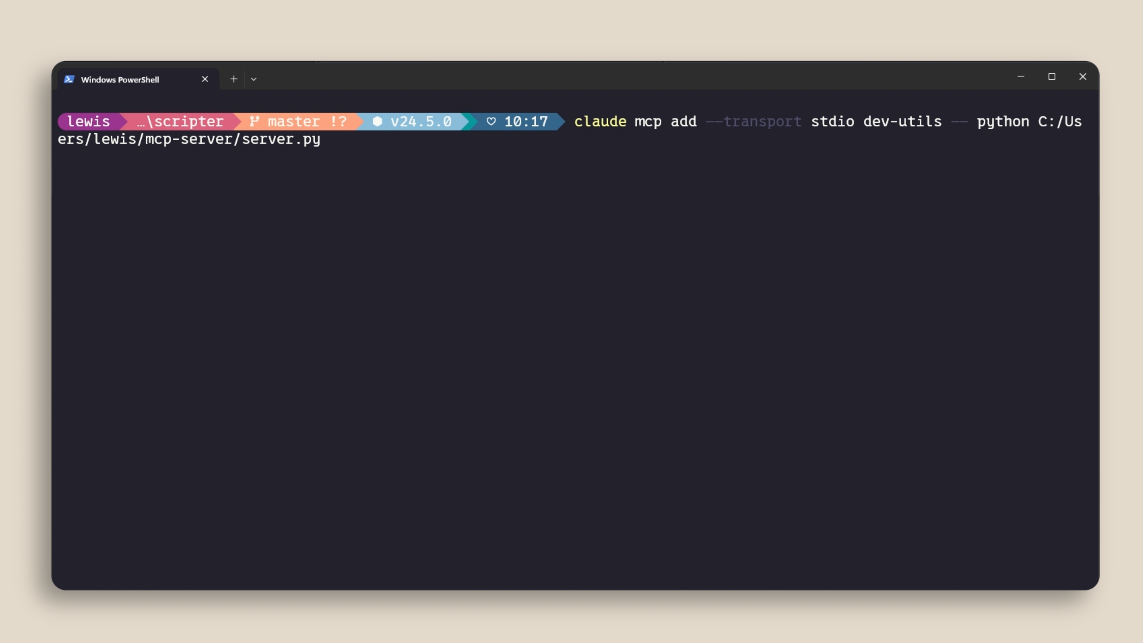 Running claude mcp add to add a local stdio MCP server with a Python script