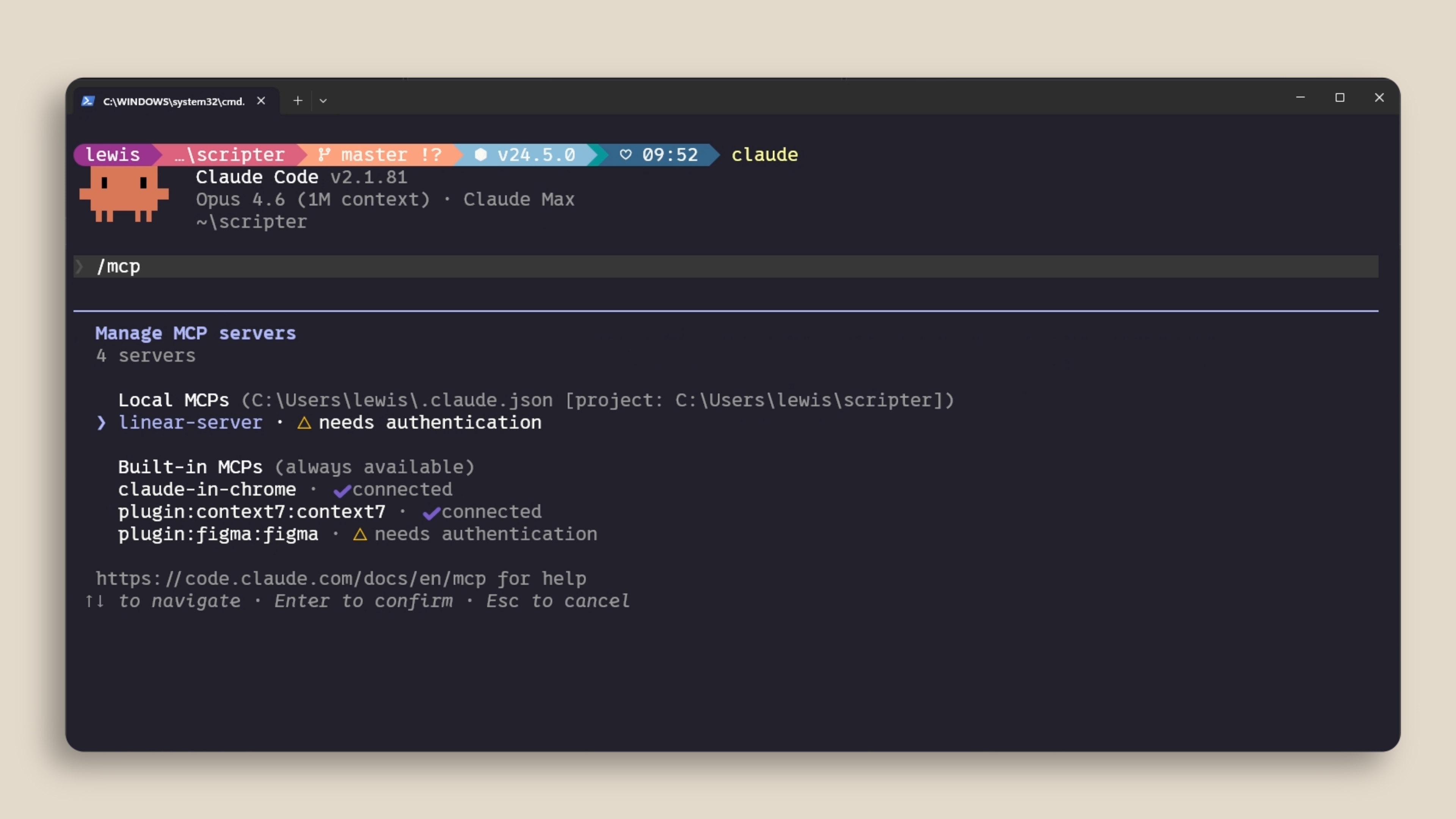 The /mcp command showing connected MCP servers and their status