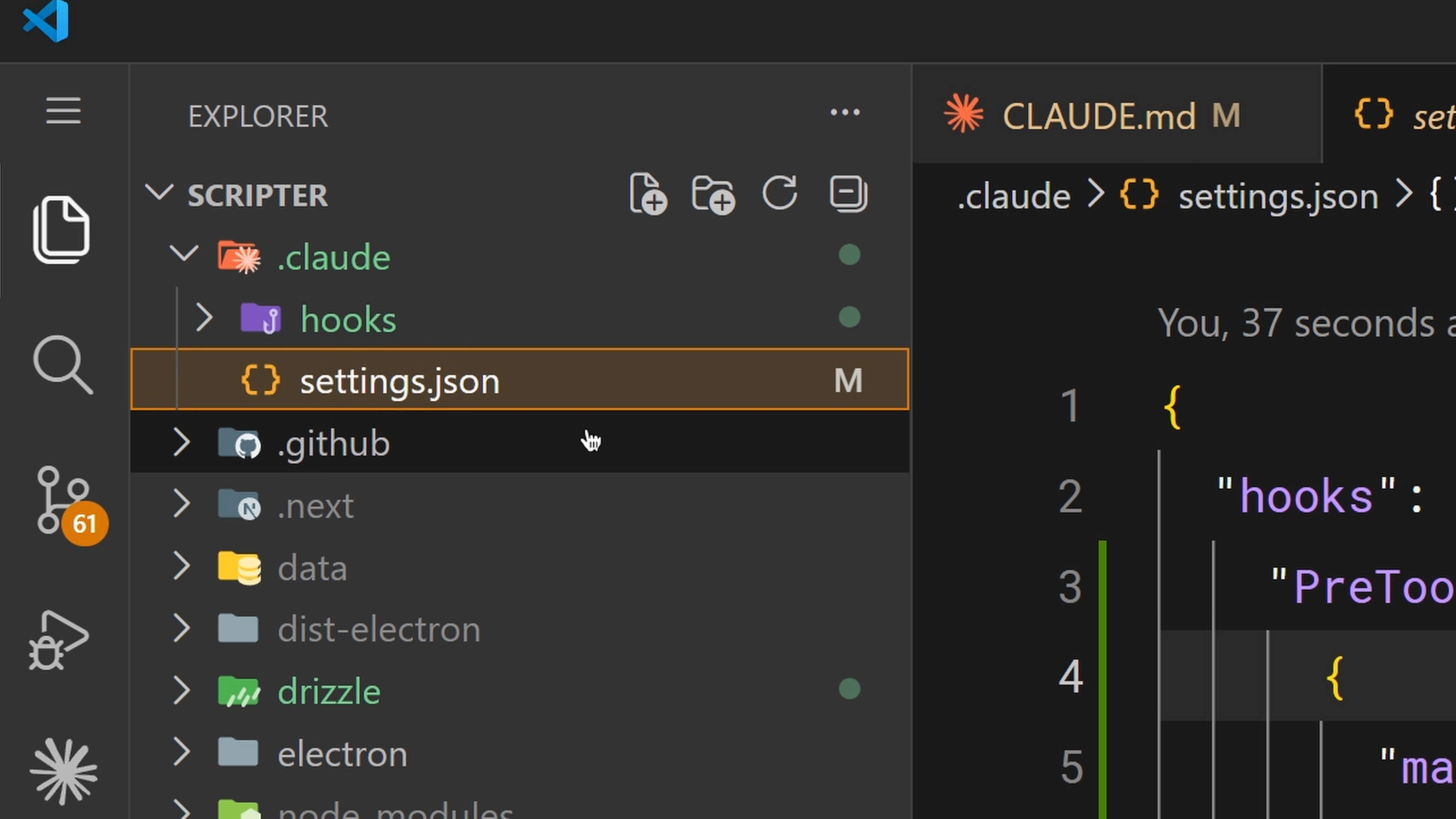 The settings.json file inside the .claude directory with hooks configuration