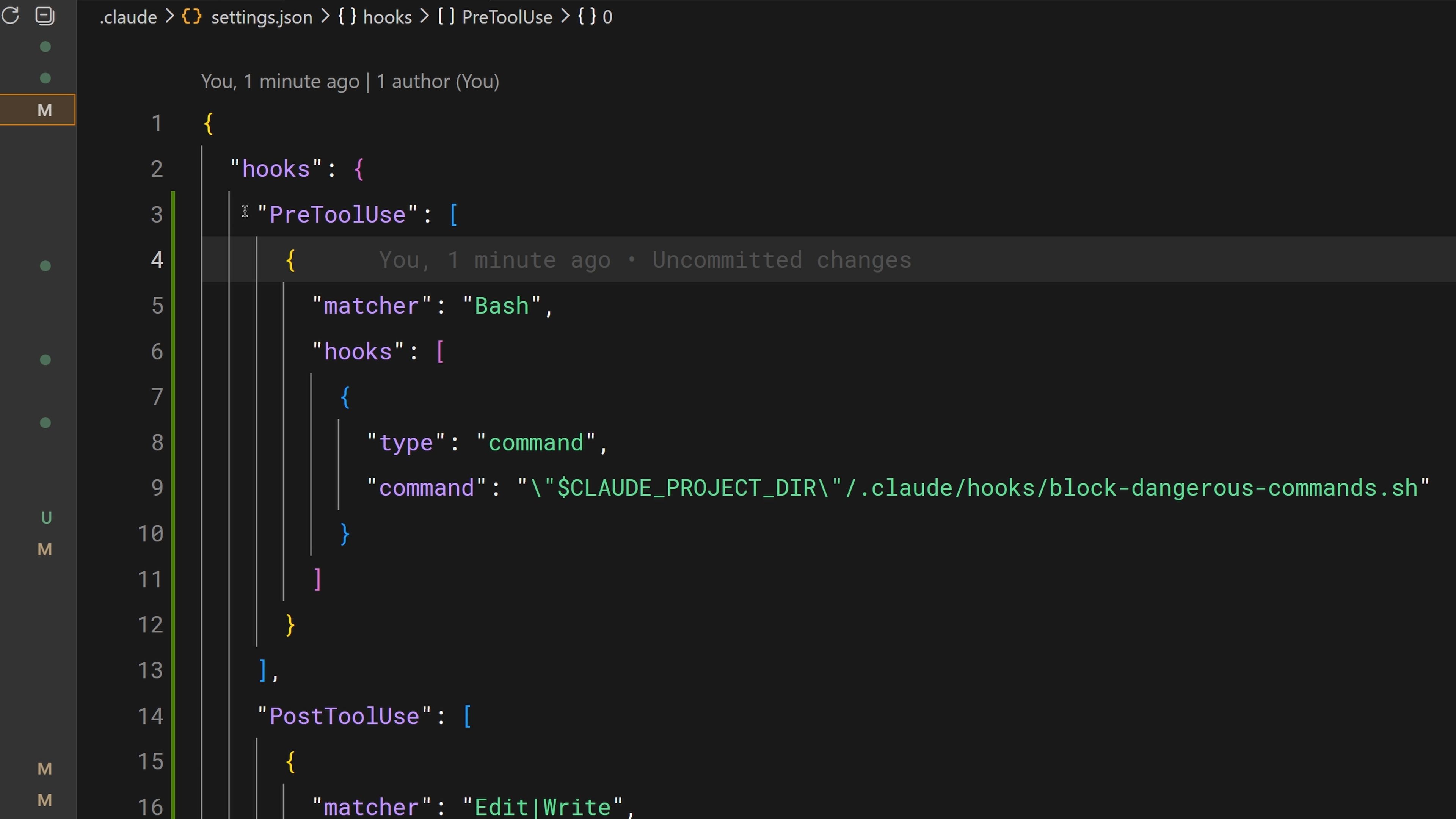 A settings.json file showing PreToolUse and PostToolUse hooks with matchers and commands