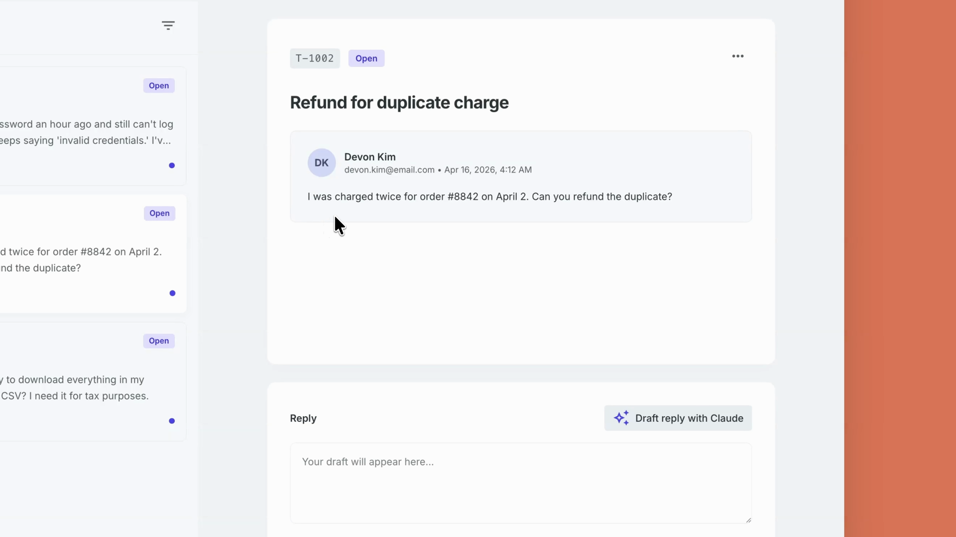A help desk app showing an open support ticket about a duplicate charge, with a Draft reply with Claude button above an empty reply box