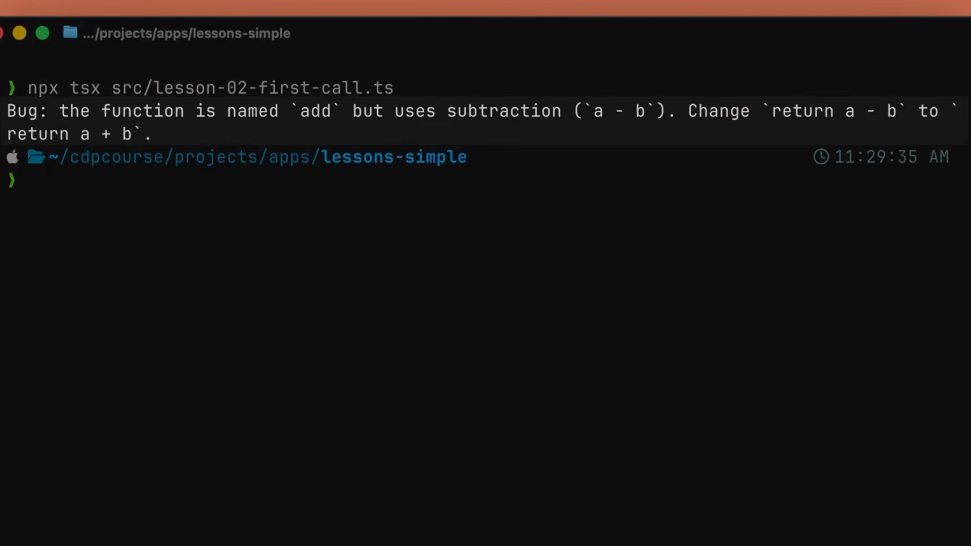 Terminal output from running the script: Claude responds that the function is named add but uses subtraction, and suggests changing return a - b to return a + b