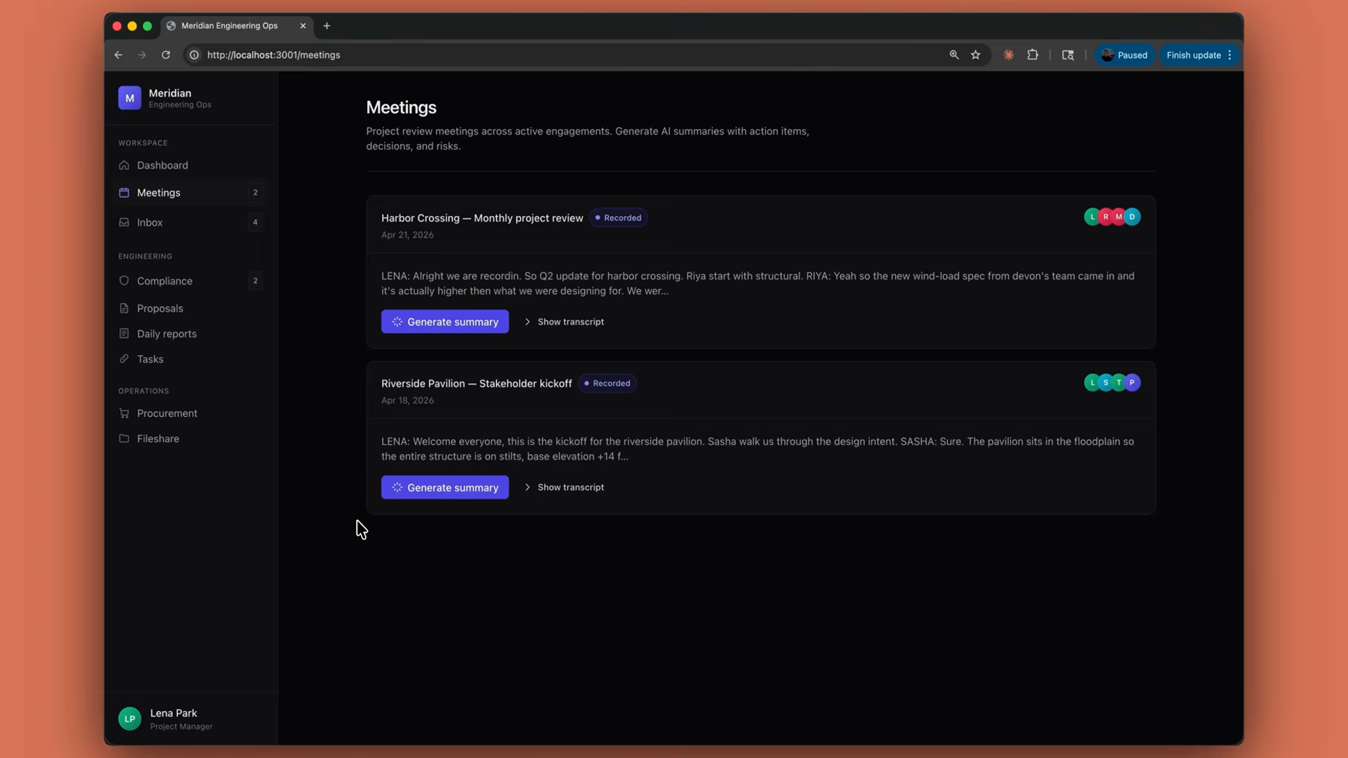 A meetings dashboard in a demo web app listing recorded project meetings, each with a transcript preview and a Generate summary button powered by the same API call