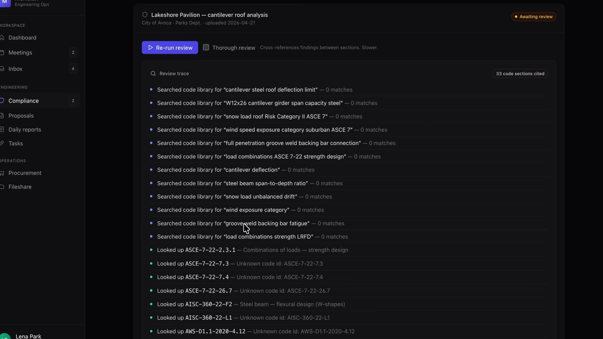 The review trace of a running compliance agent: dozens of tool calls searching the building-code library and looking up specific code sections as the loop iterates