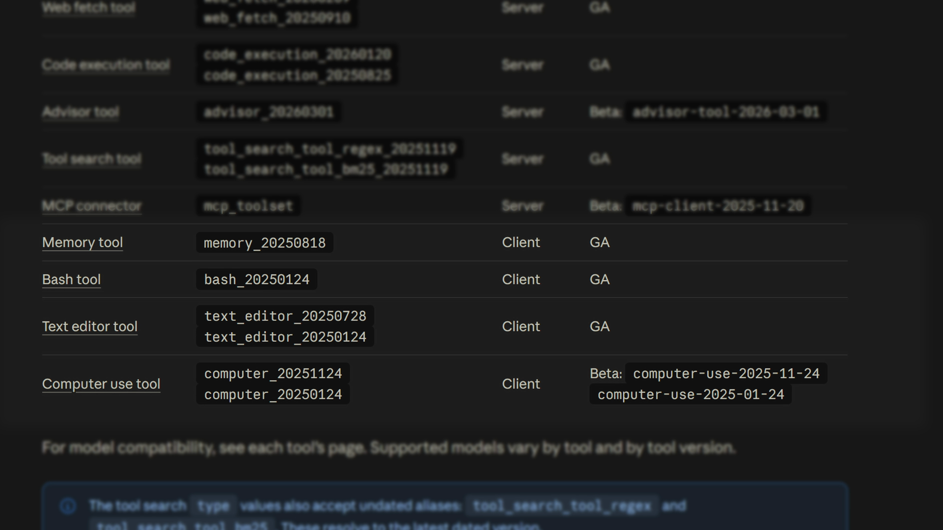 The Anthropic docs table of built-in tools, with memory and bash listed as client tools alongside server tools like web fetch and code execution