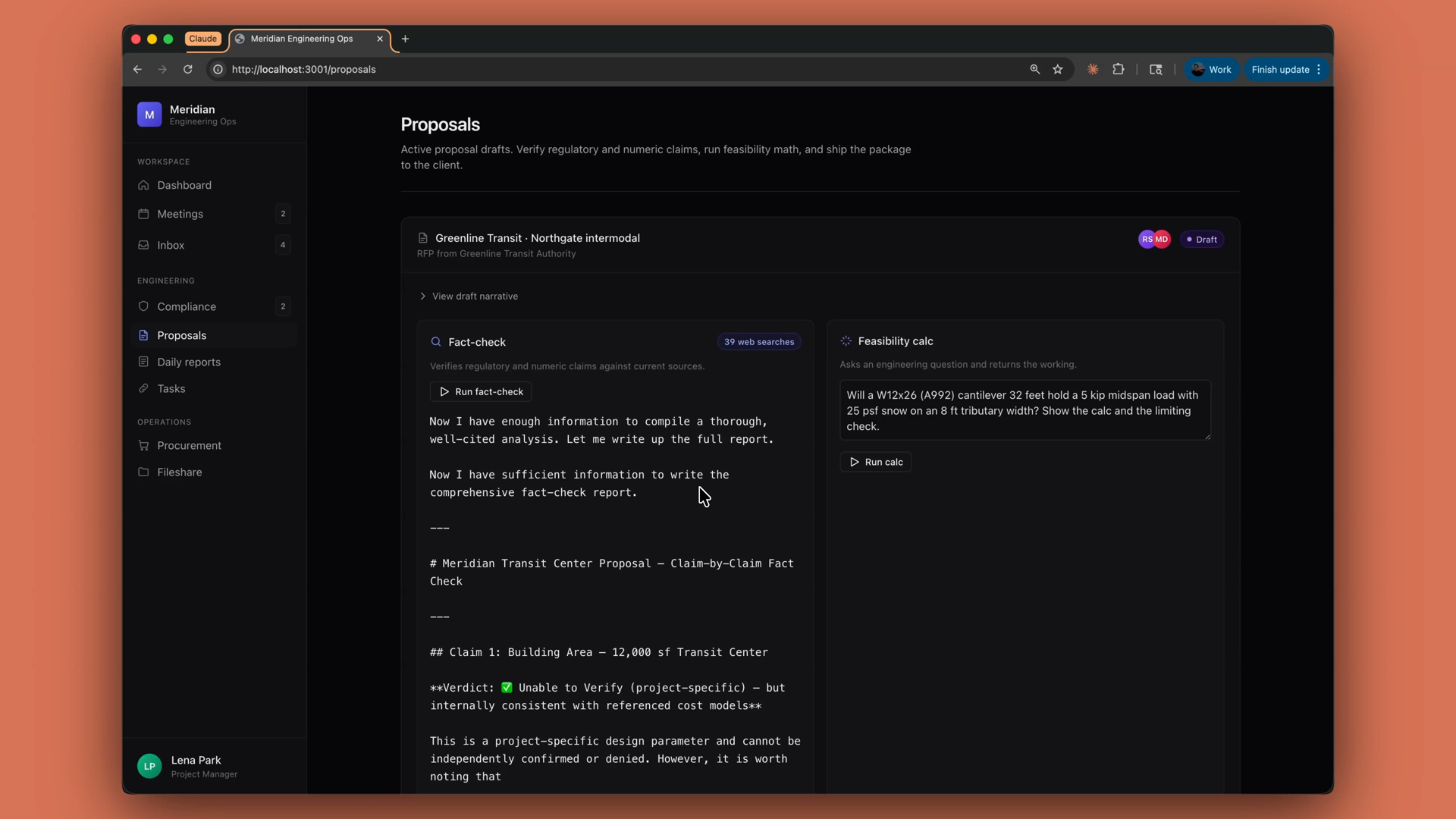 A proposal review app using web search to fact-check the regulatory and numeric claims in a draft proposal