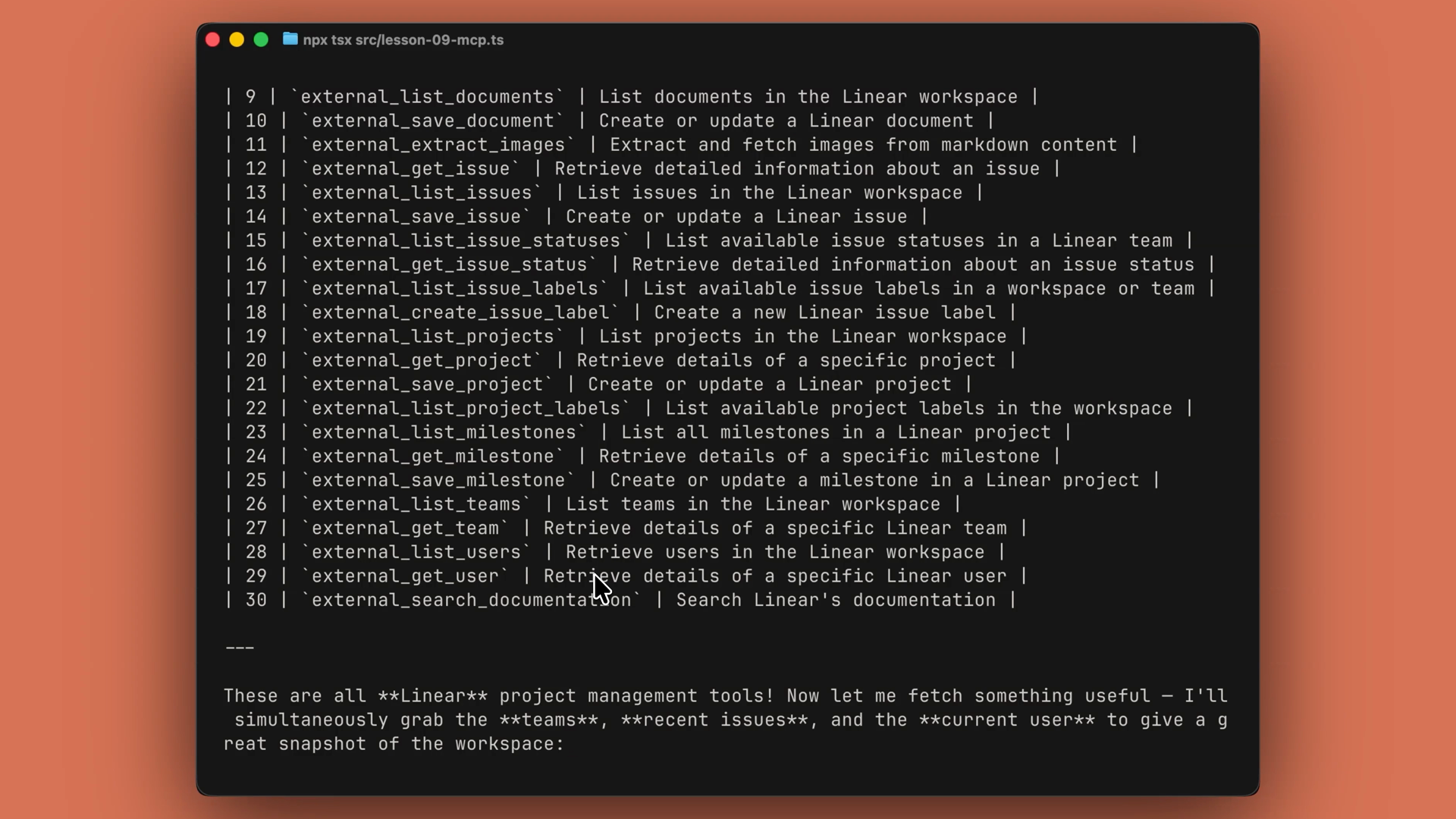 Terminal output listing the Linear MCP server's discovered tools, followed by Claude noting they are Linear project management tools and choosing which to call