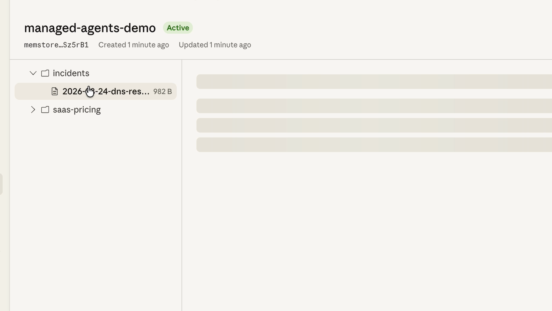 A memory directory viewed in the browser, with folders for incidents and saas-pricing and a saved incident note from a previous session
