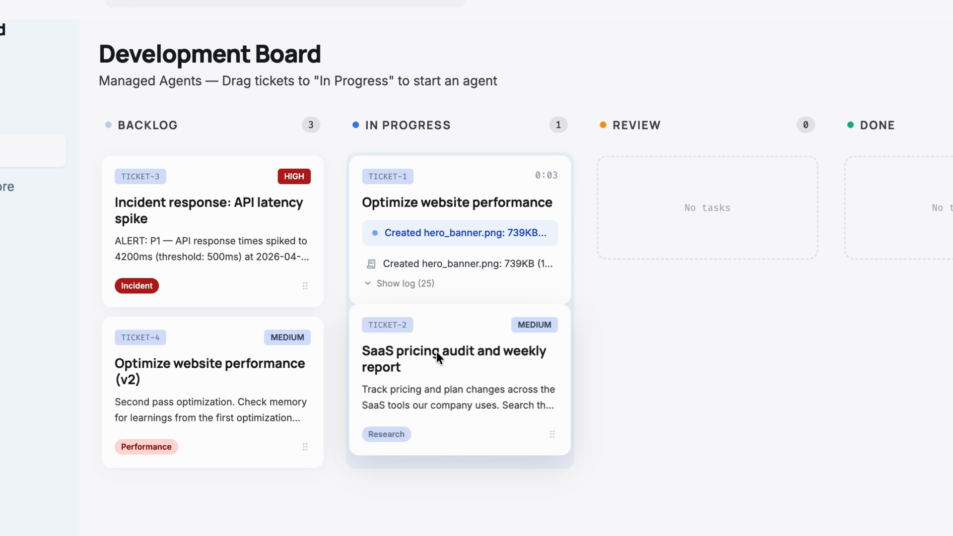 A Kanban development board with two tickets in the In Progress column, each running its own agent session and streaming tool call events