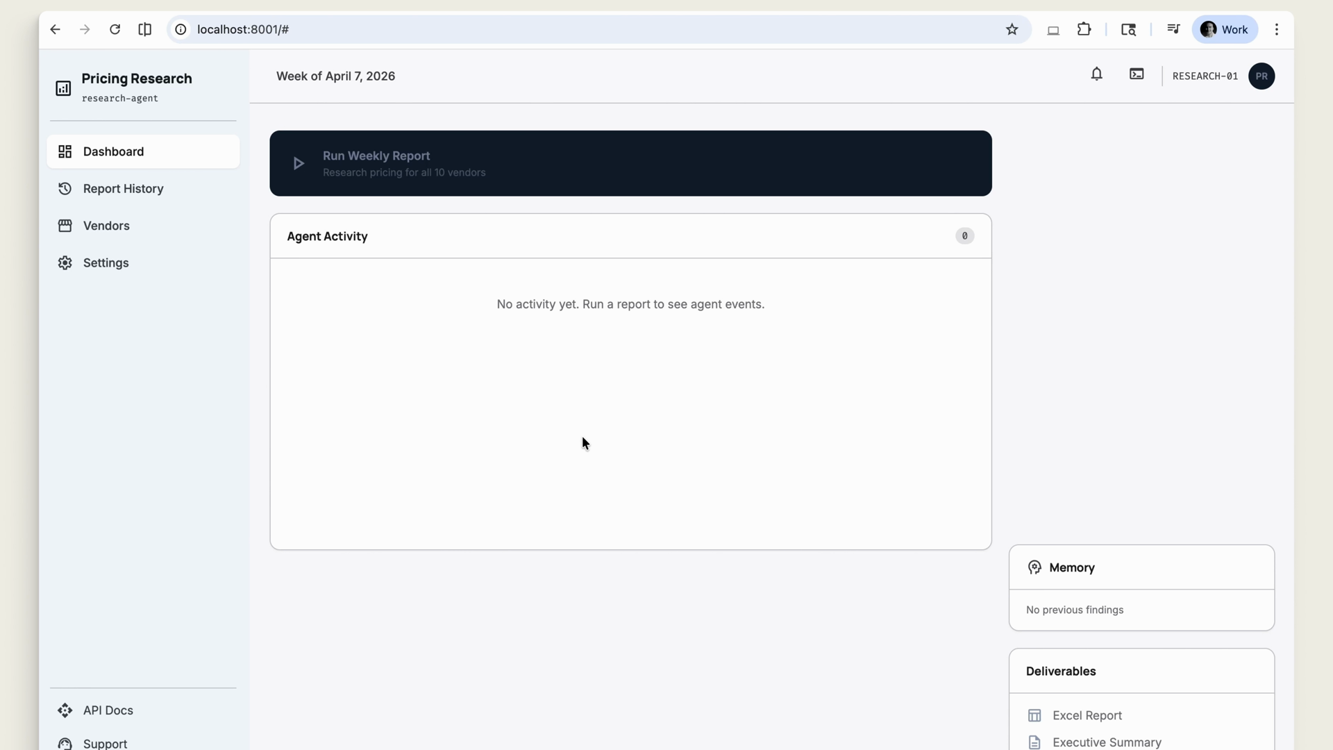 The Pricing Research app with a Run Weekly Report button, an empty agent activity feed, a memory panel, and a deliverables list with an Excel report and executive summary