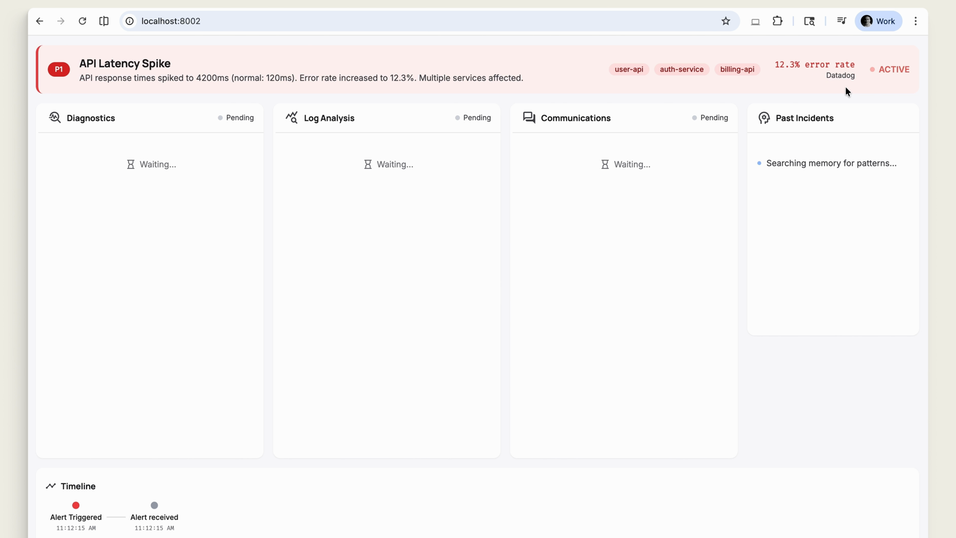 An incident response dashboard for an API latency spike alert, with Diagnostics, Log Analysis, and Communications specialist panels pending while a Past Incidents panel searches memory for patterns