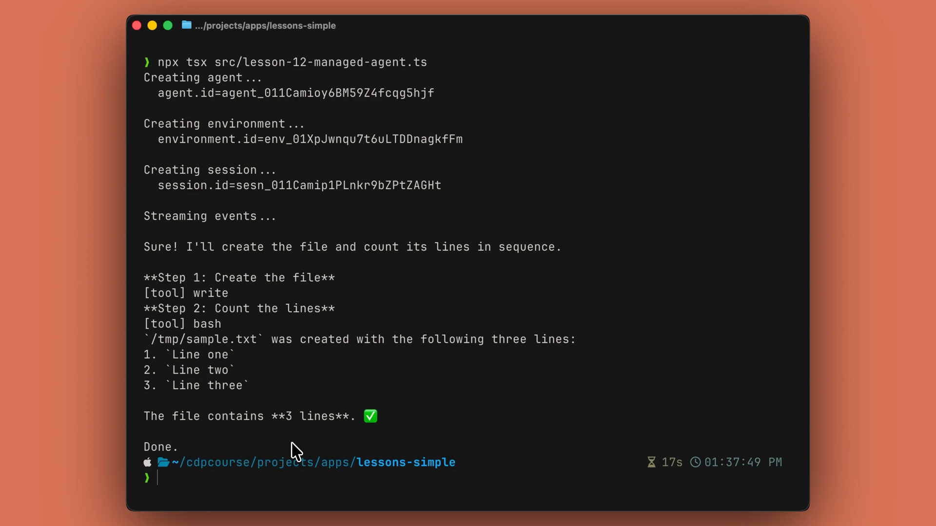 Terminal output of the managed agent run: agent, environment, and session IDs are created, then the event stream shows the agent writing the file, running its tools, and reporting that the file contains 3 lines