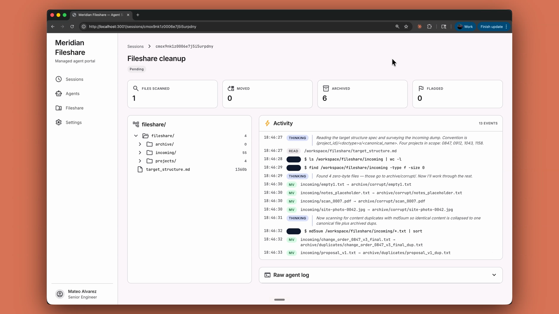 A fileshare cleanup web app powered by a managed agent, showing the folder tree being organized alongside a live activity feed of the agent's events as it moves and archives files