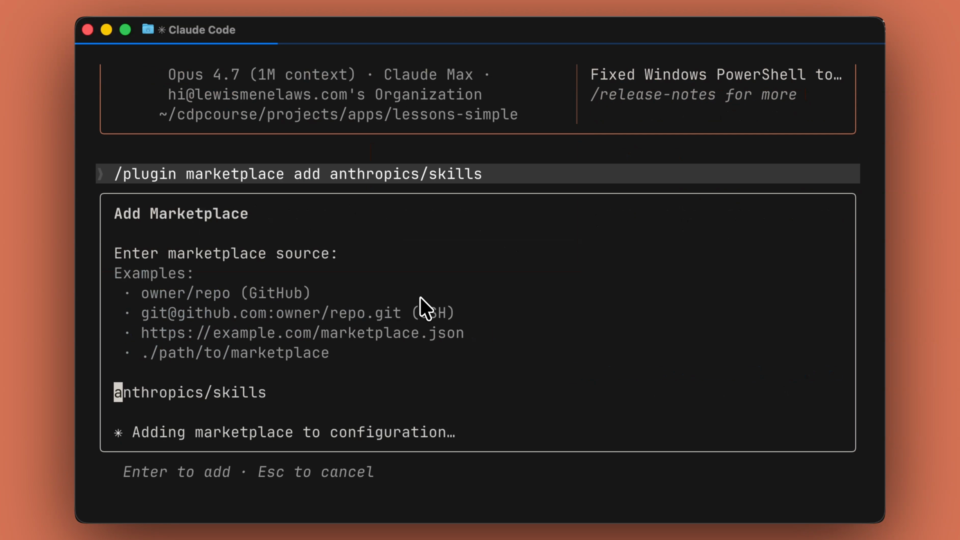 Claude Code's Add Marketplace dialog after running the /plugin marketplace add command