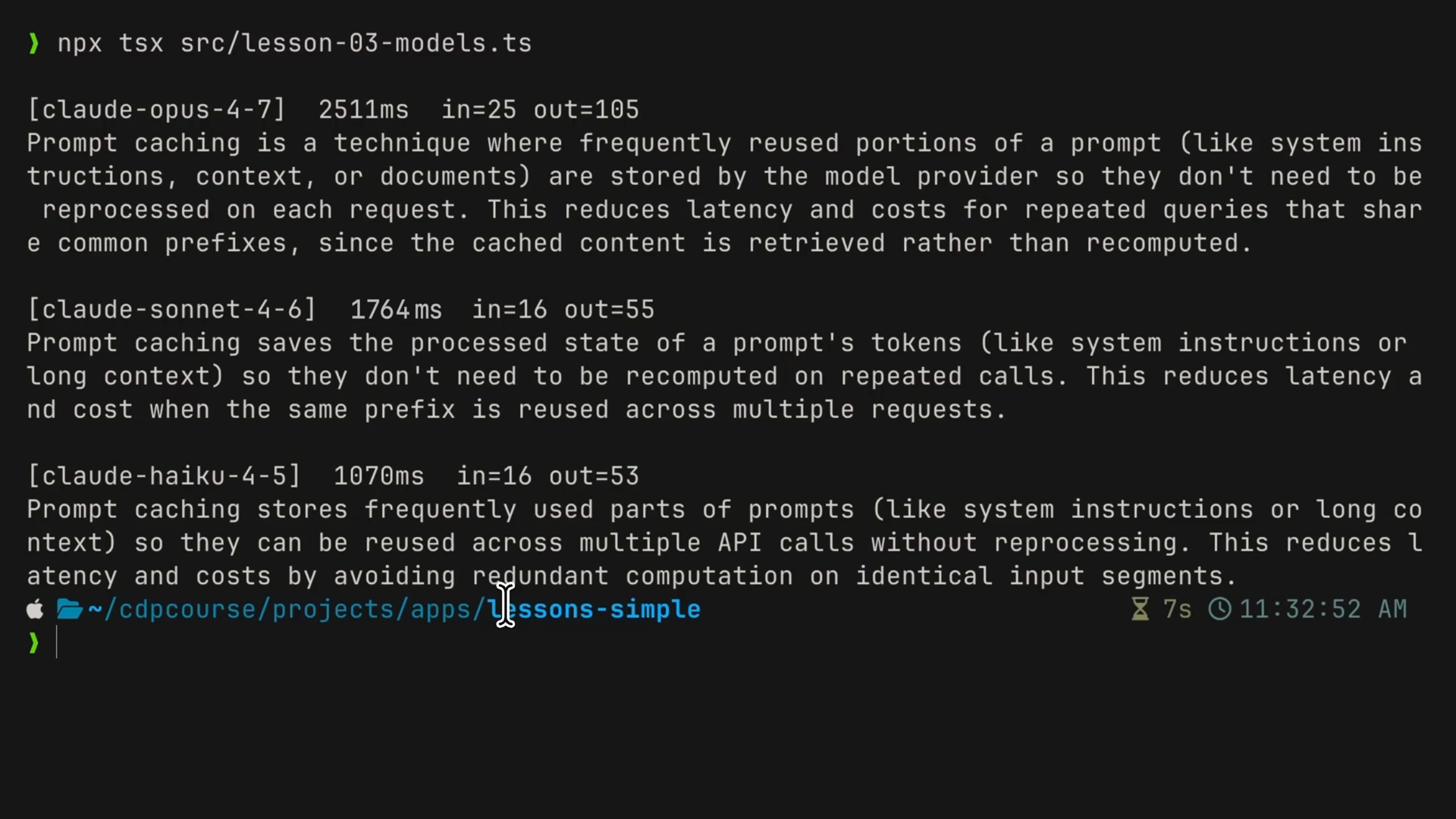 Terminal output from running the same prompt through Opus, Sonnet, and Haiku, showing each model's latency and input/output token counts