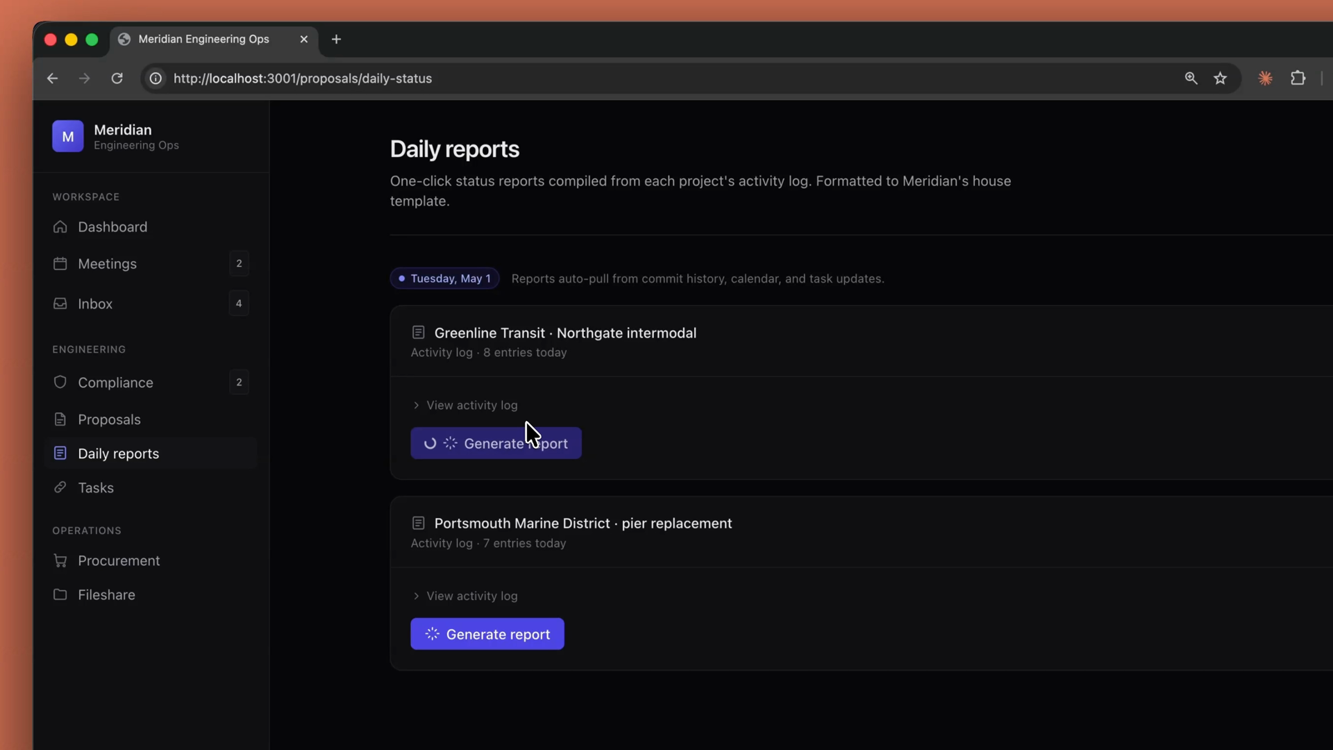 Một ứng dụng quản lý dự án với trang Daily reports, nơi nhật ký hoạt động của mỗi dự án có nút Generate report một lần nhấp được hỗ trợ bởi Skill