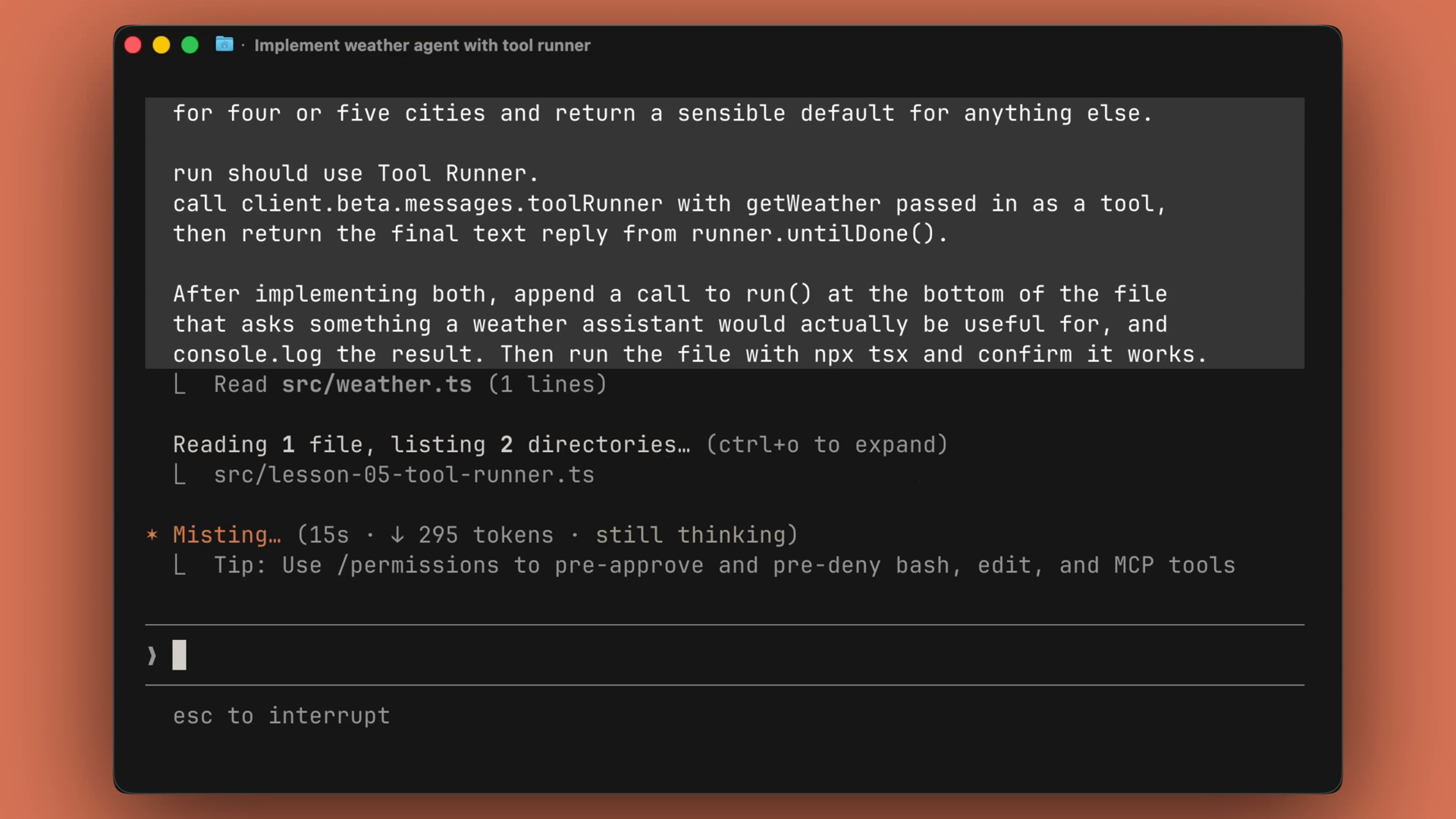Claude Code in the terminal reading weather.ts and the tool runner file after receiving the prompt