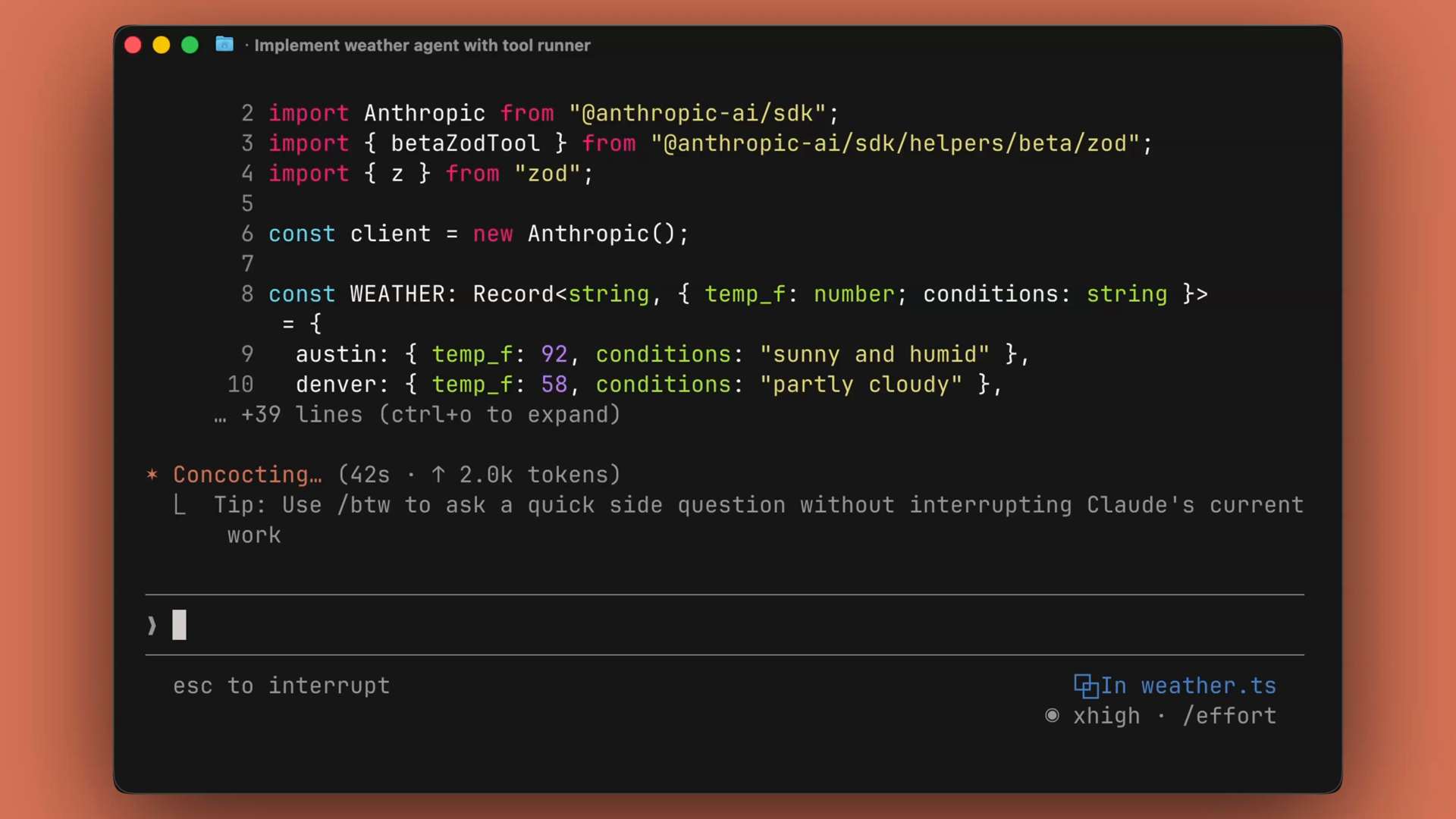 Claude Code generating the weather code in the terminal, with the betaZodTool import and hardcoded city data visible